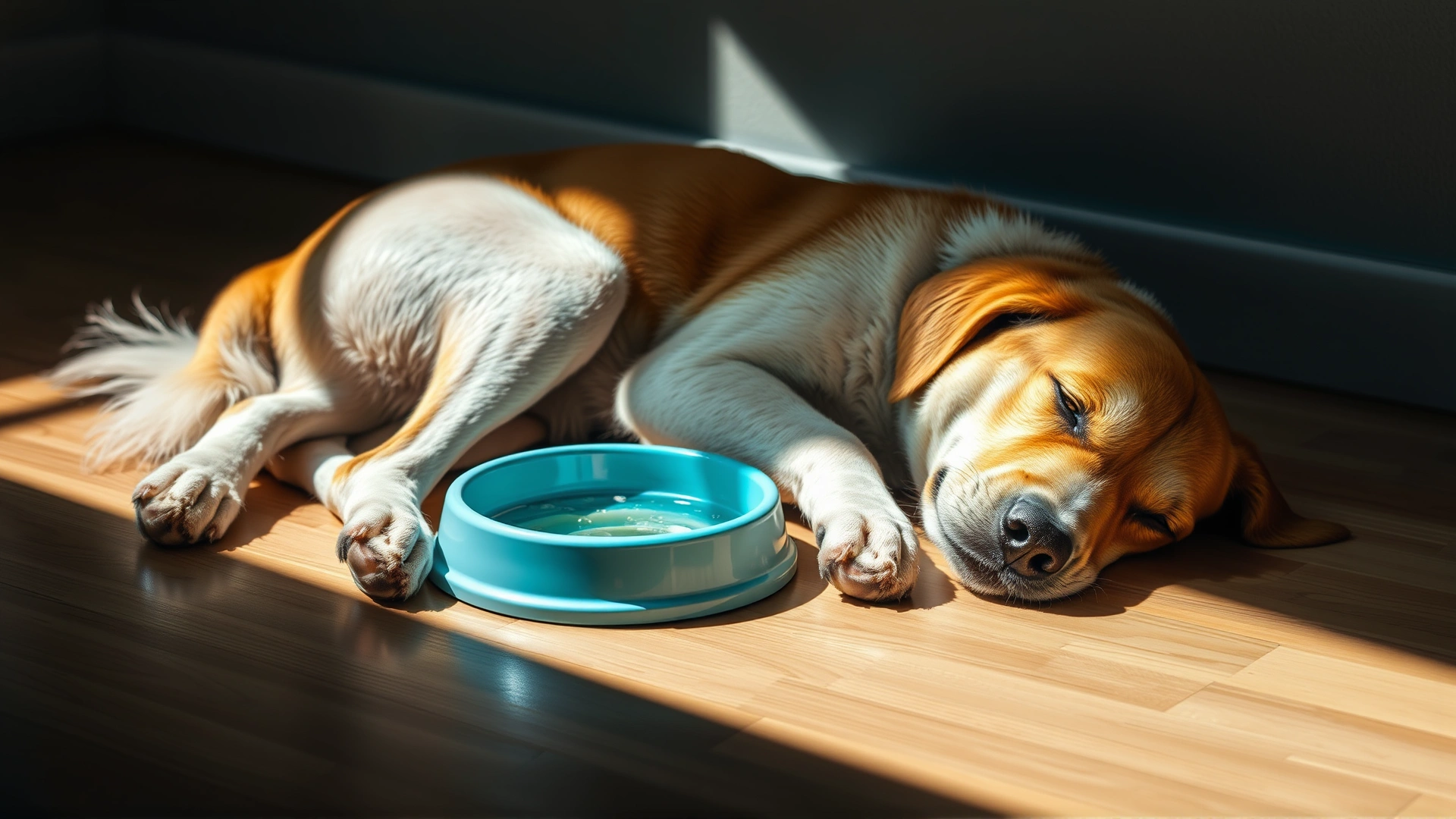 Medium shot of a tired, dehydrated dog lying on the floor with a water bowl nearby, sunlight casting gentle shadows to emphasize lethargy.