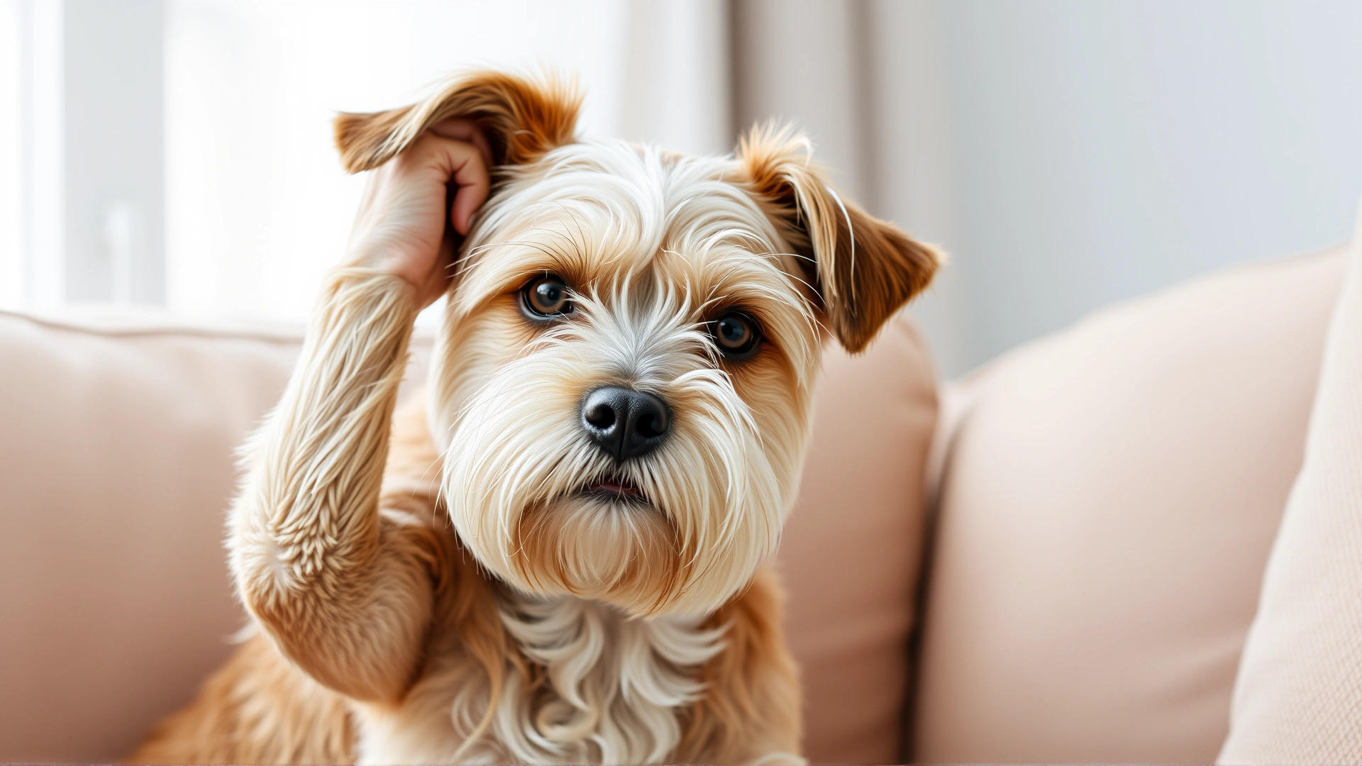 Short-haired dog scratching its ear and looking uncomfortable on a sofa, representing medication side effects