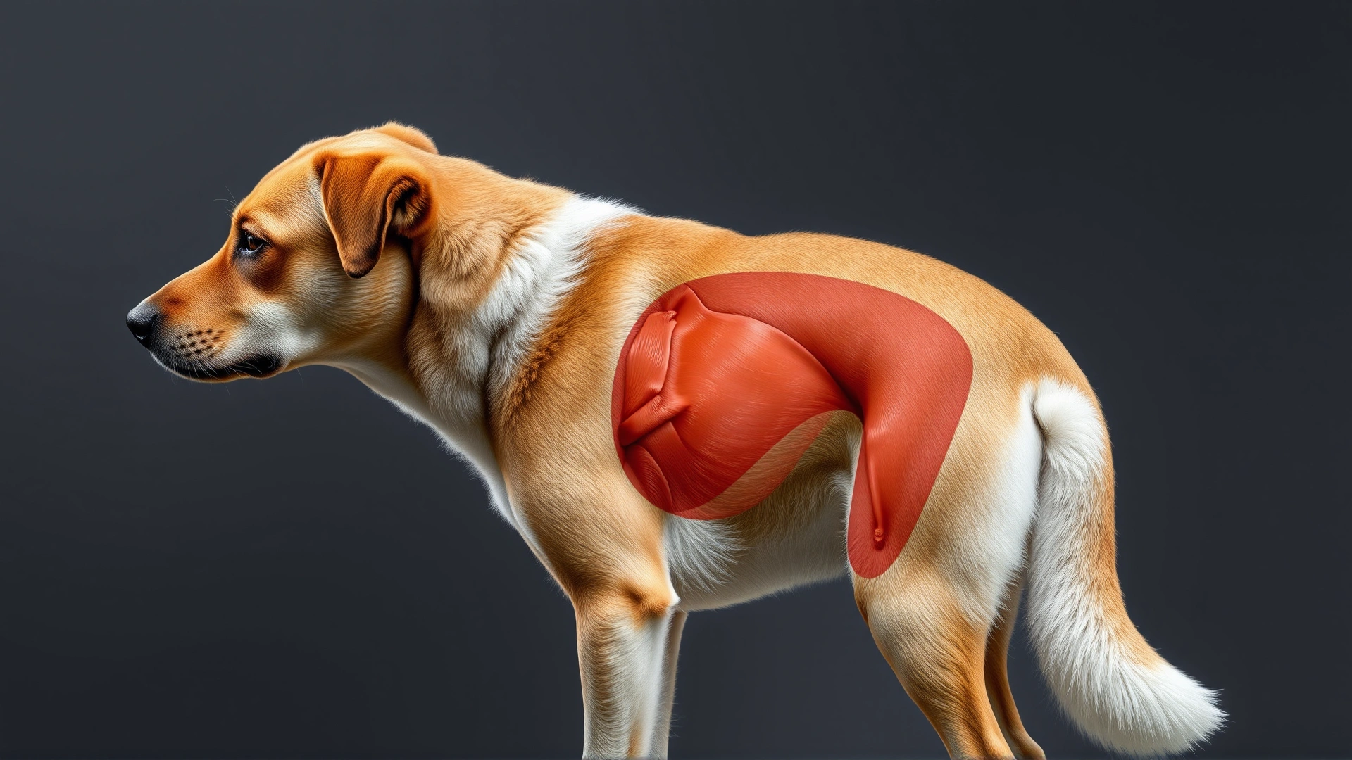 Side profile of a medium-sized dog highlighting the tail muscles with subtle translucent overlay; no text or labels on image.