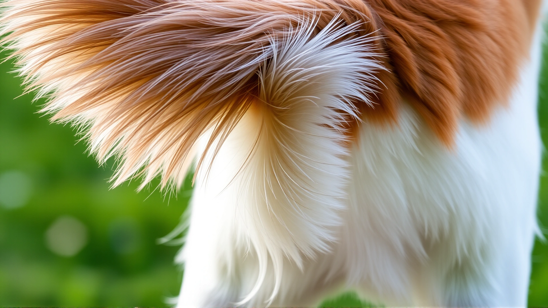 Close-up of a dog’s tail mid-wag against a blurred green background