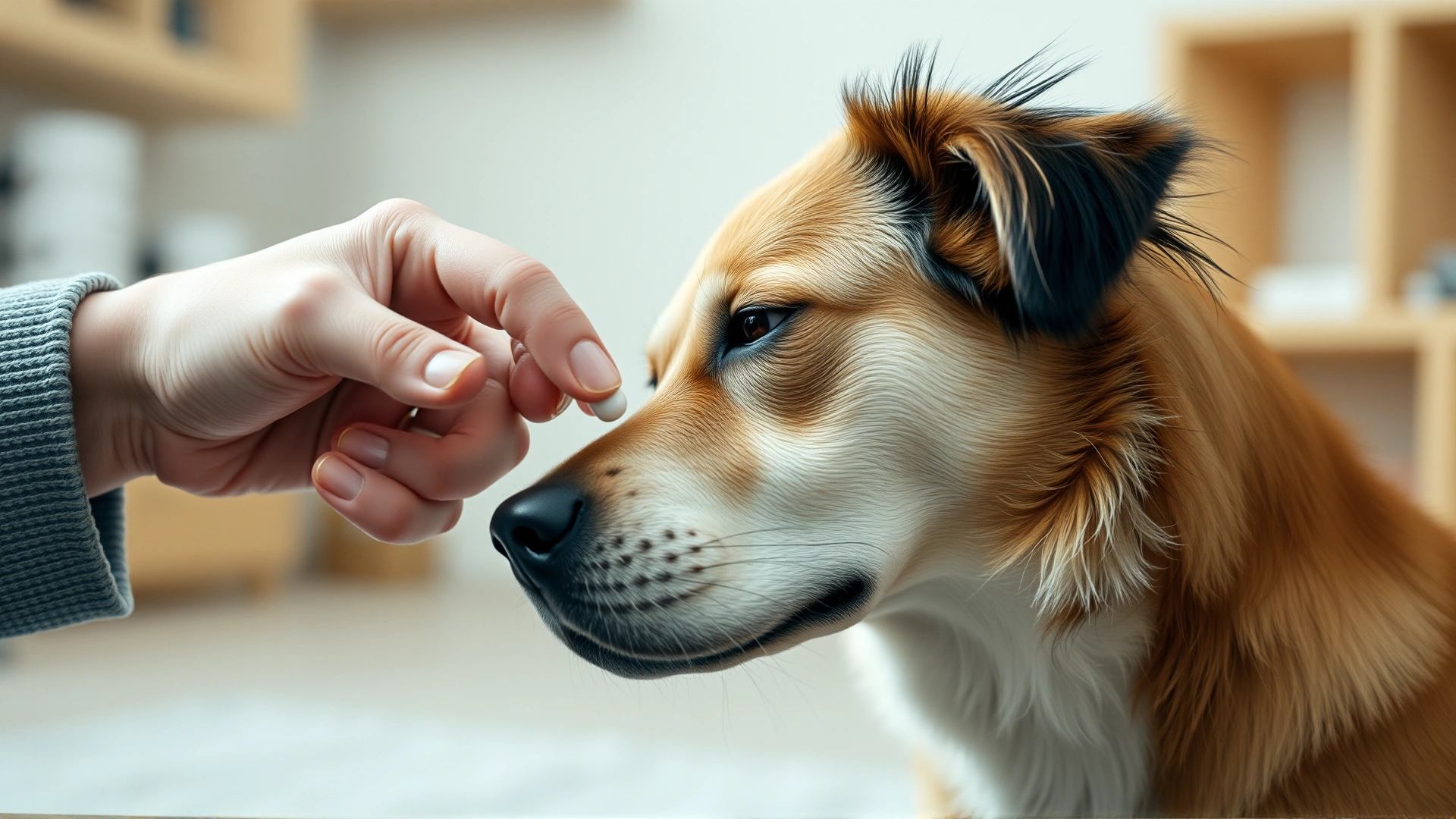 Close-up of a pet owner gently giving a pill to a medium-sized dog, focus on the interaction, indoor setting, soft lighting