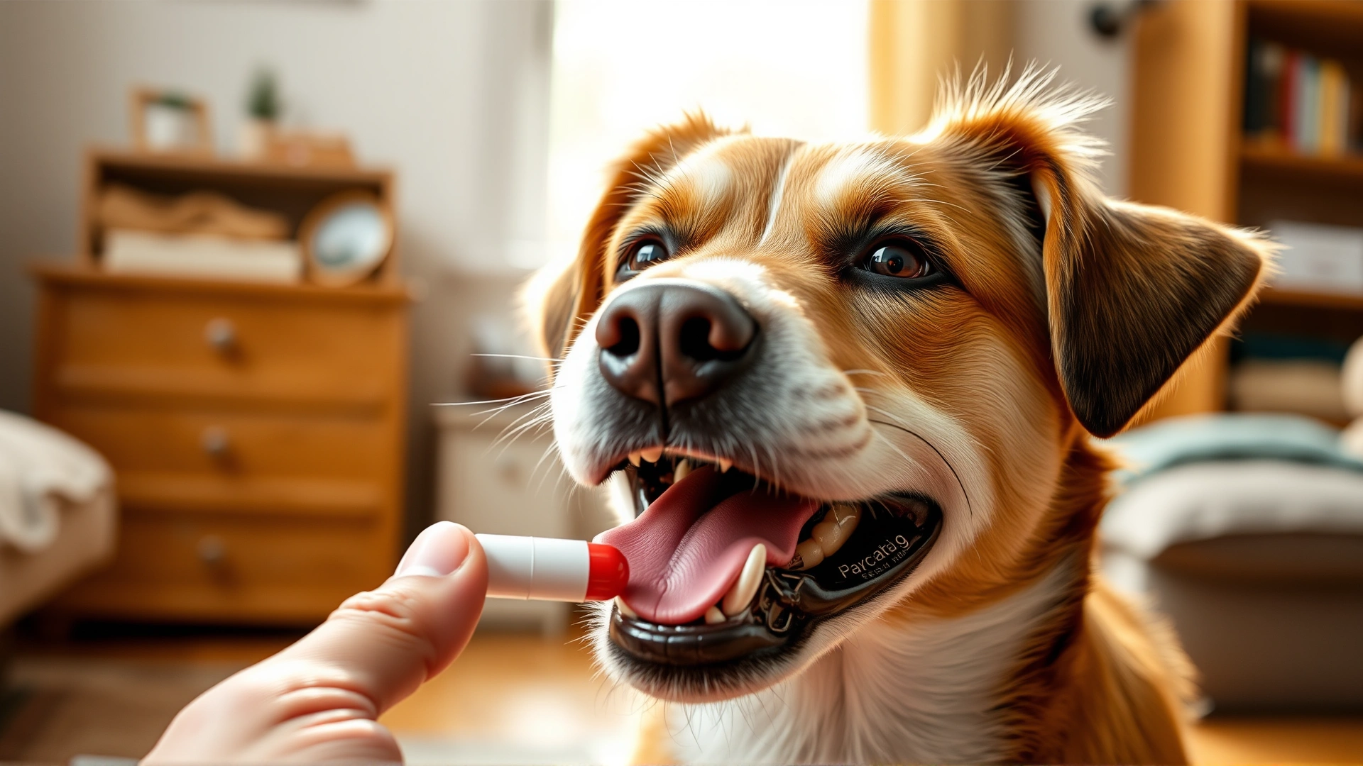 Close-up of a dog happily chewing a flavored medication tablet from its owner's hand, cozy home environment, bright natural light