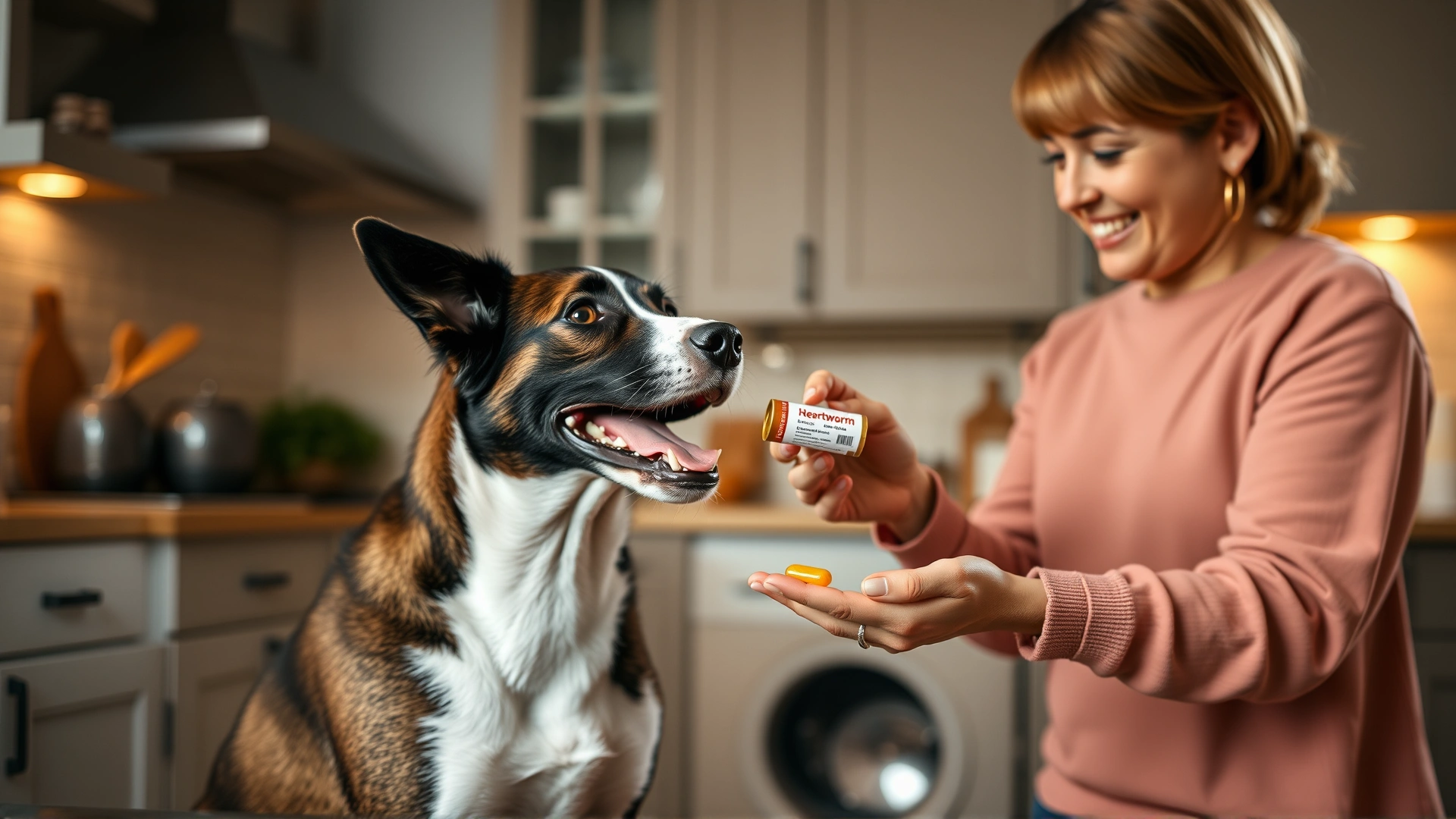 Owner offering a heartworm preventive chewable tablet to a happy dog in a cozy kitchen, candid moment, soft light.
