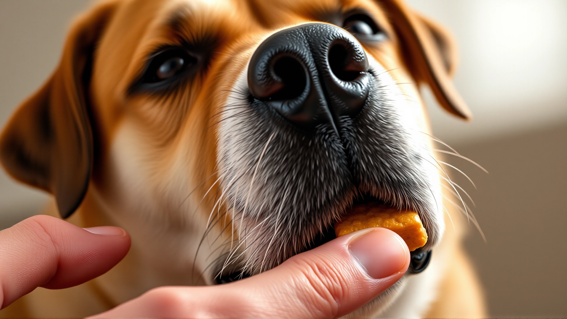 Close-up shot of a calm dog being given a pill by its owner using a treat to hide the medication.
