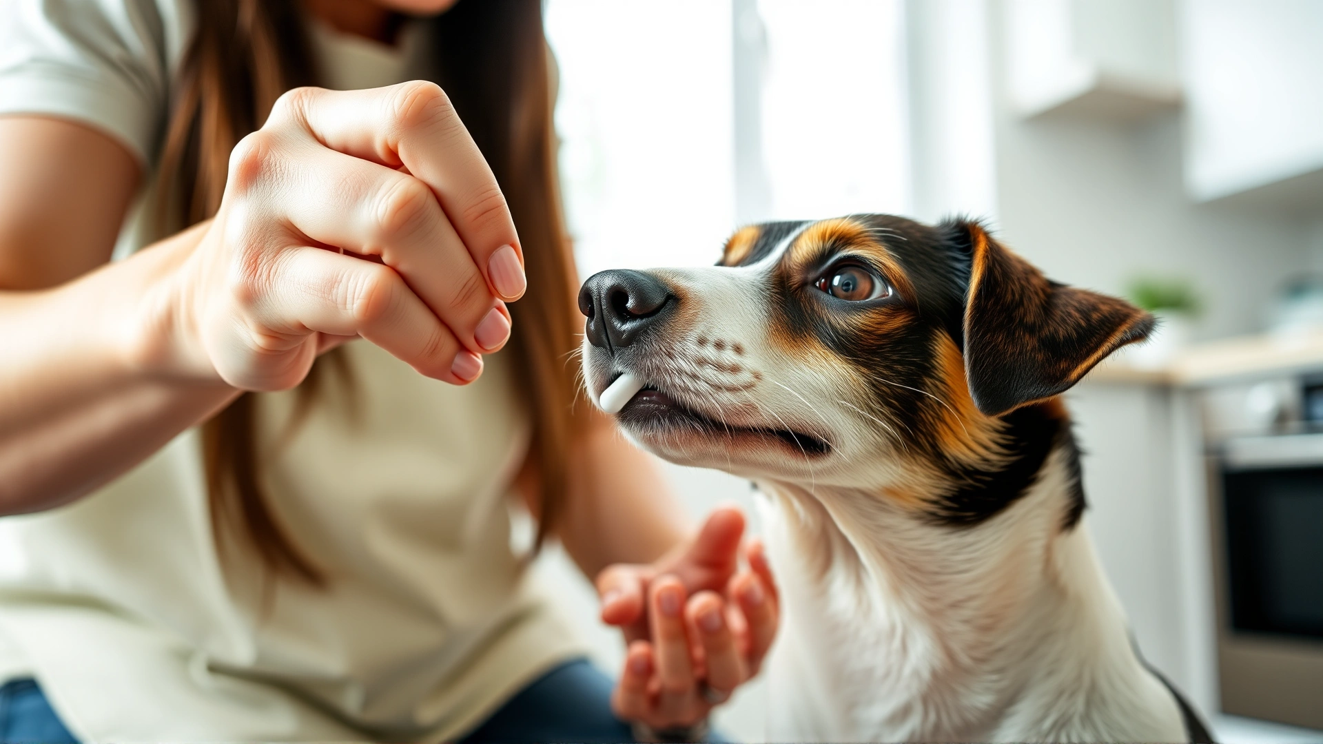 Close-up of an owner gently giving a pill to a medium-sized dog, bright kitchen background, natural lighting, showing a positive medication moment