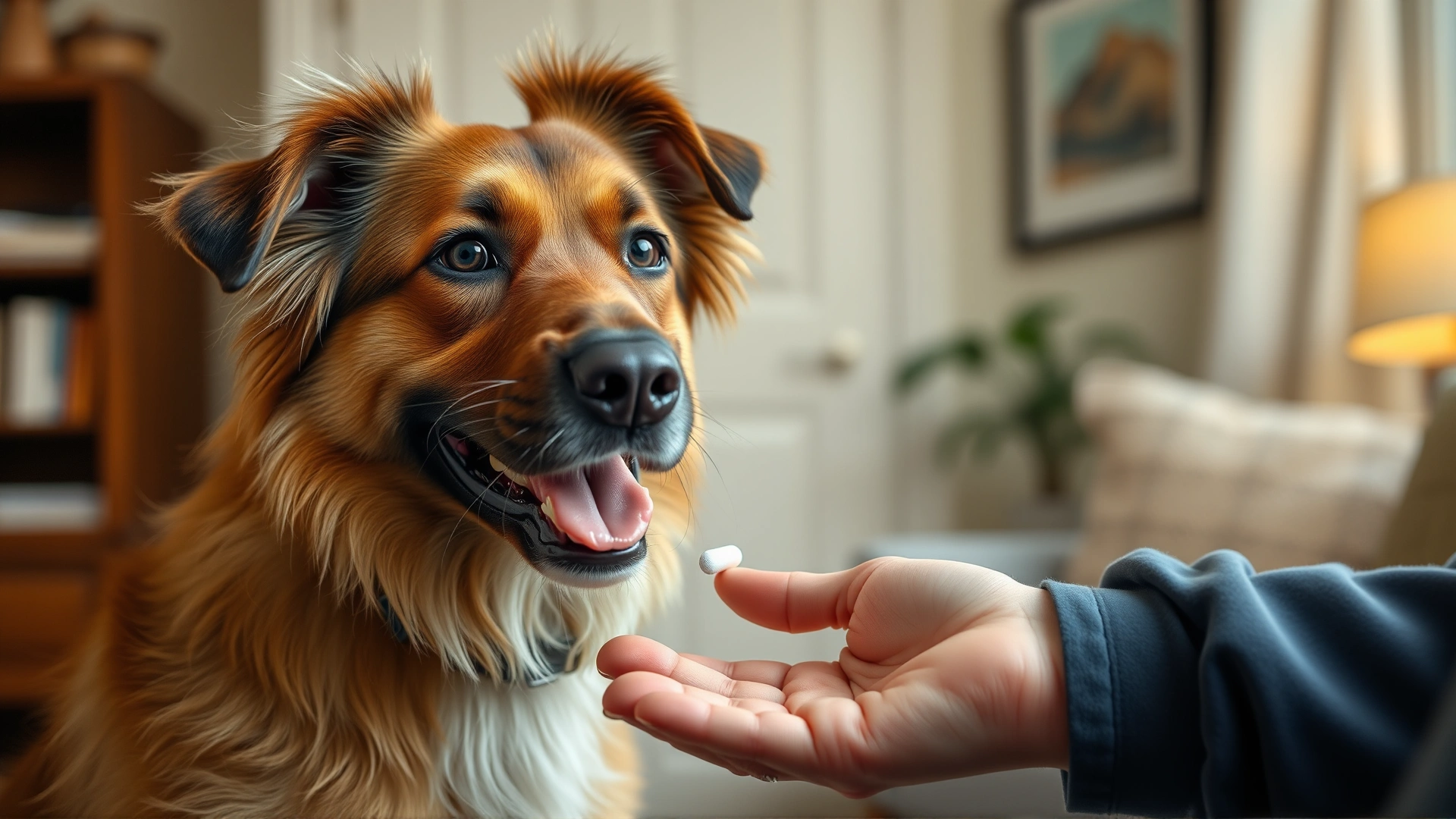 Friendly medium-sized dog gently taking a pill from its owner's hand, cozy home interior