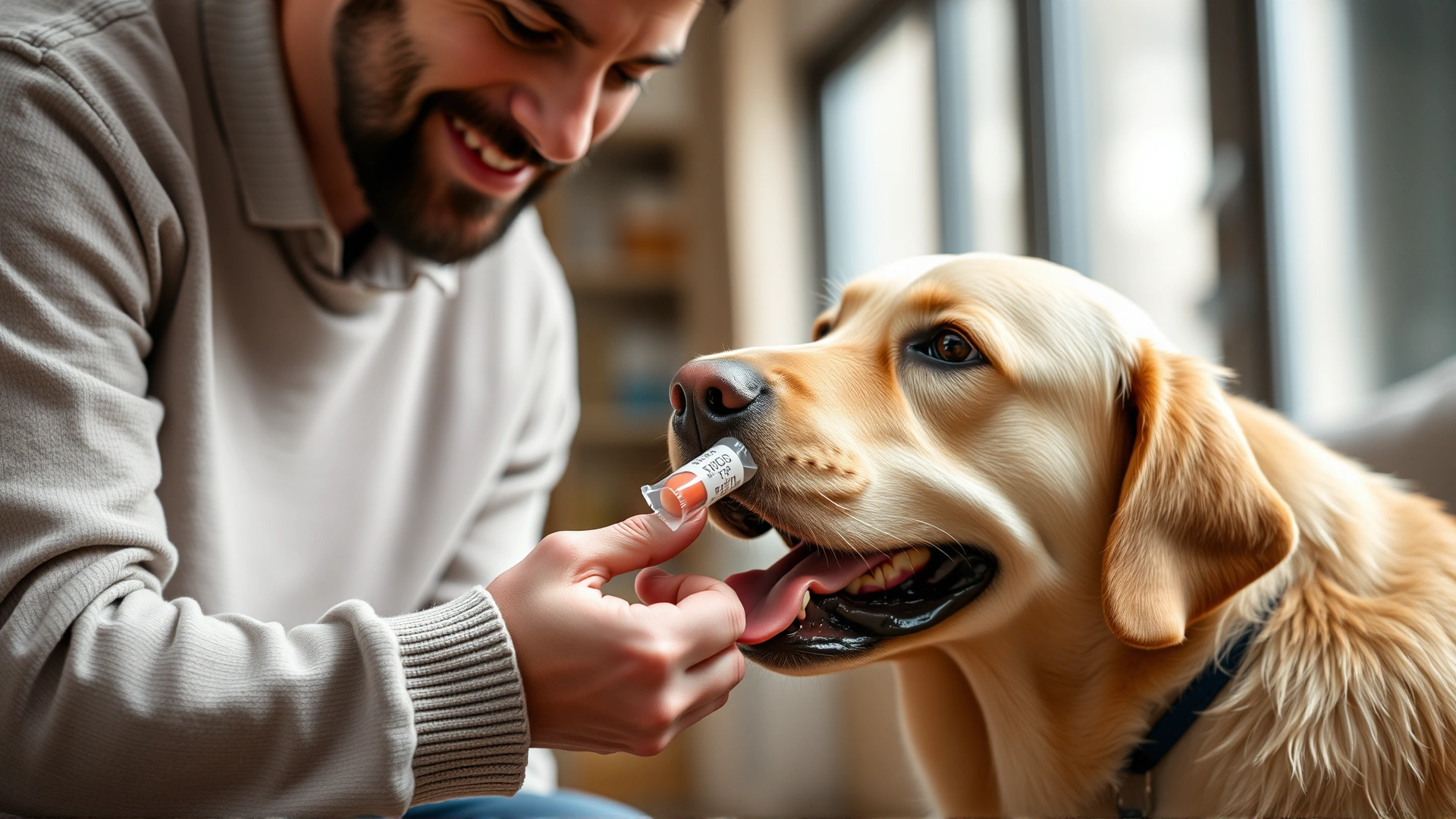 Owner gently giving a treat-wrapped pill to a happy Labrador retriever, indoor setting with shallow depth of field.