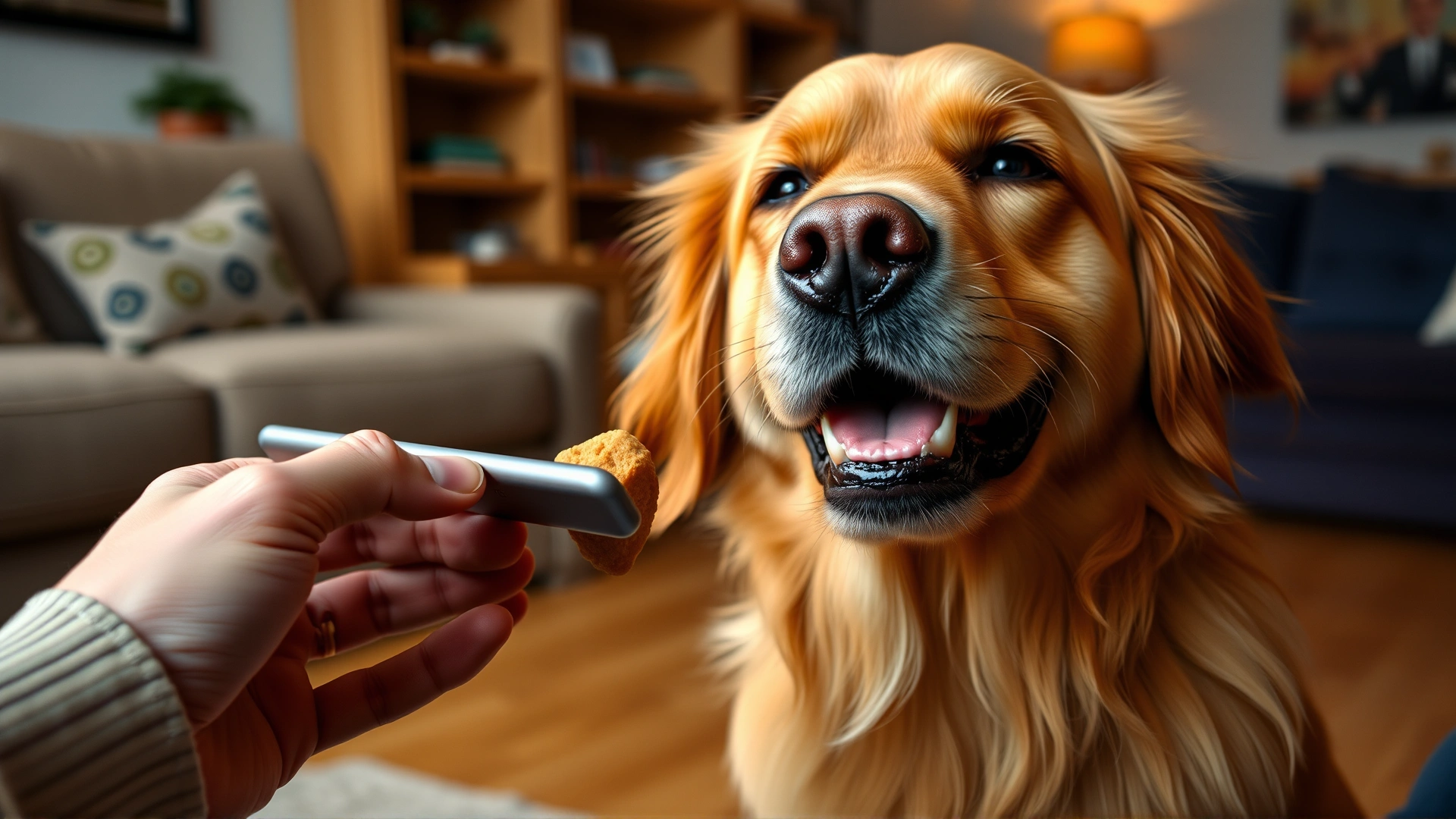 Close-up shot of a golden retriever happily taking a chewable tablet from its owner's hand, living room background, warm lighting, high resolution.
