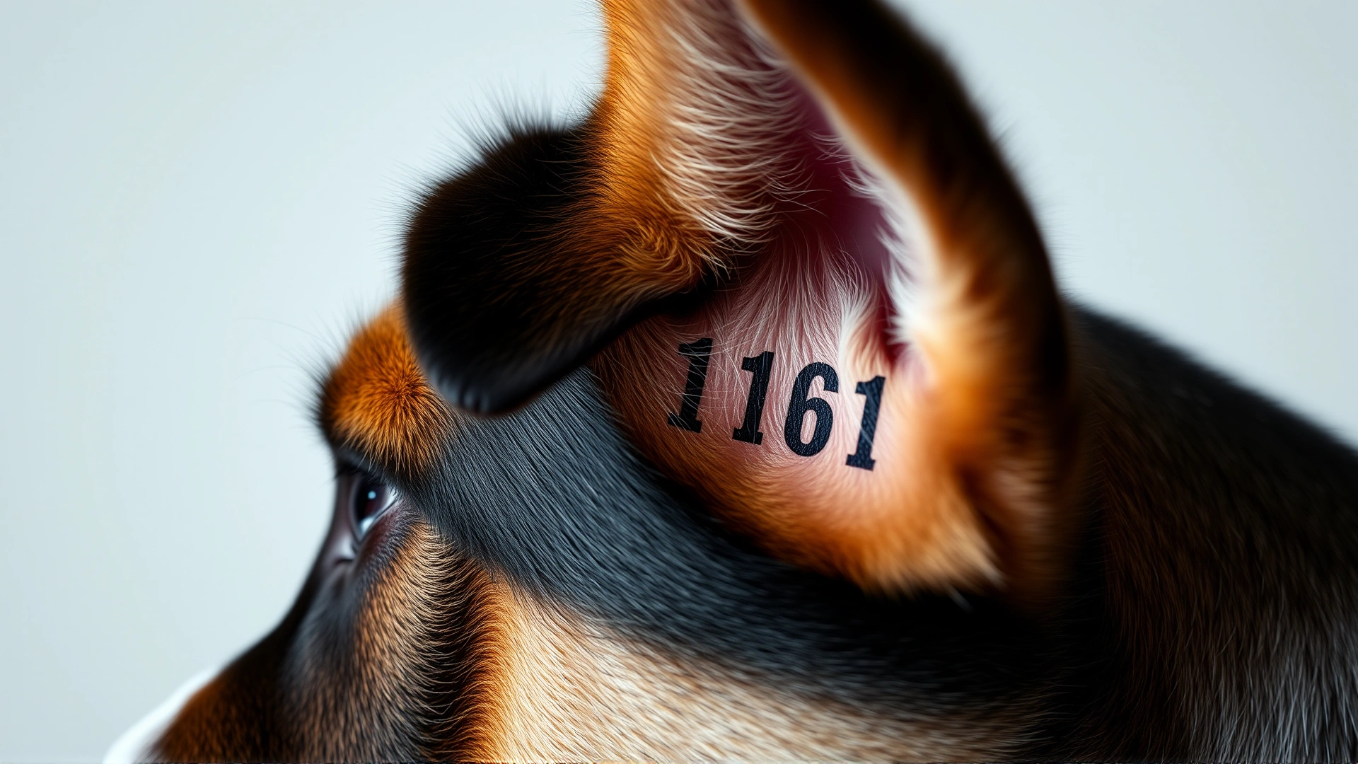 Close-up of a dog's inner ear showing a clearly readable alphanumeric tattoo, neutral background