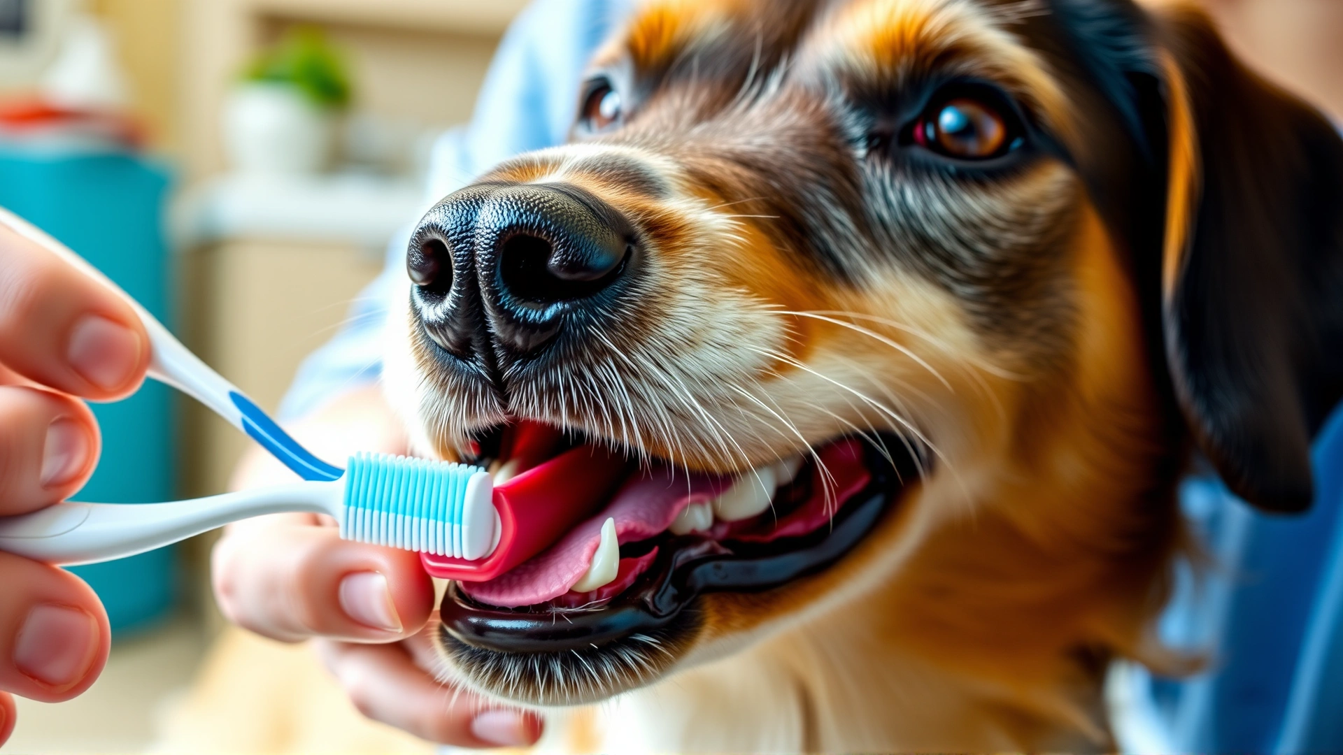 Close-up of a pet owner brushing a dog's teeth with a dog-friendly toothbrush and paste; bright, homey background, no text.