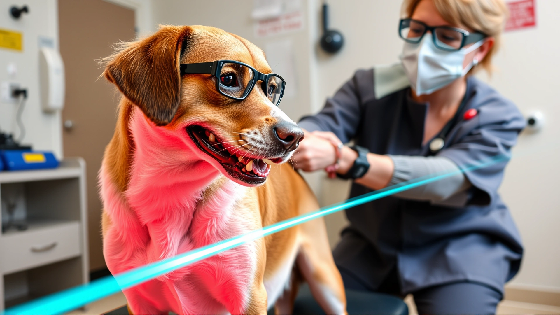 Senior dog receiving laser therapy on hind legs at a rehabilitation center, vet wearing protective eyewear, clinical equipment visible.