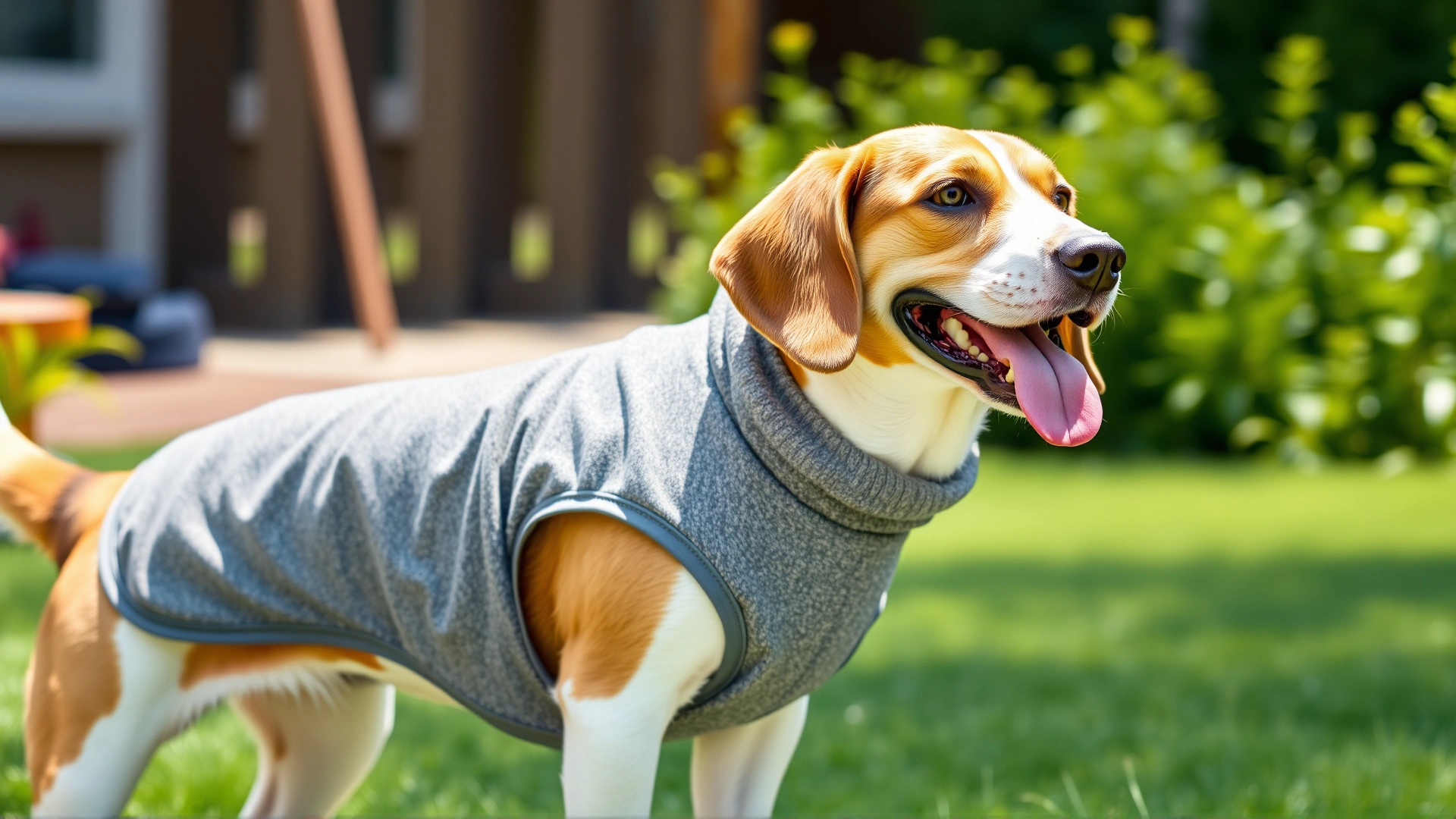 Happy beagle wearing a gray snug-fit pressure vest (Thundershirt style) standing in a sunny backyard, no text.