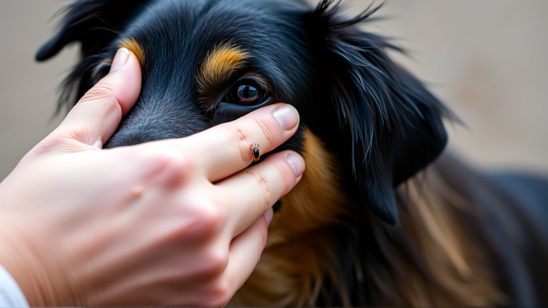 Close-up shot of a hand parting a black-and-tan dog's fur to check for ticks, showing careful attention to tick prevention.