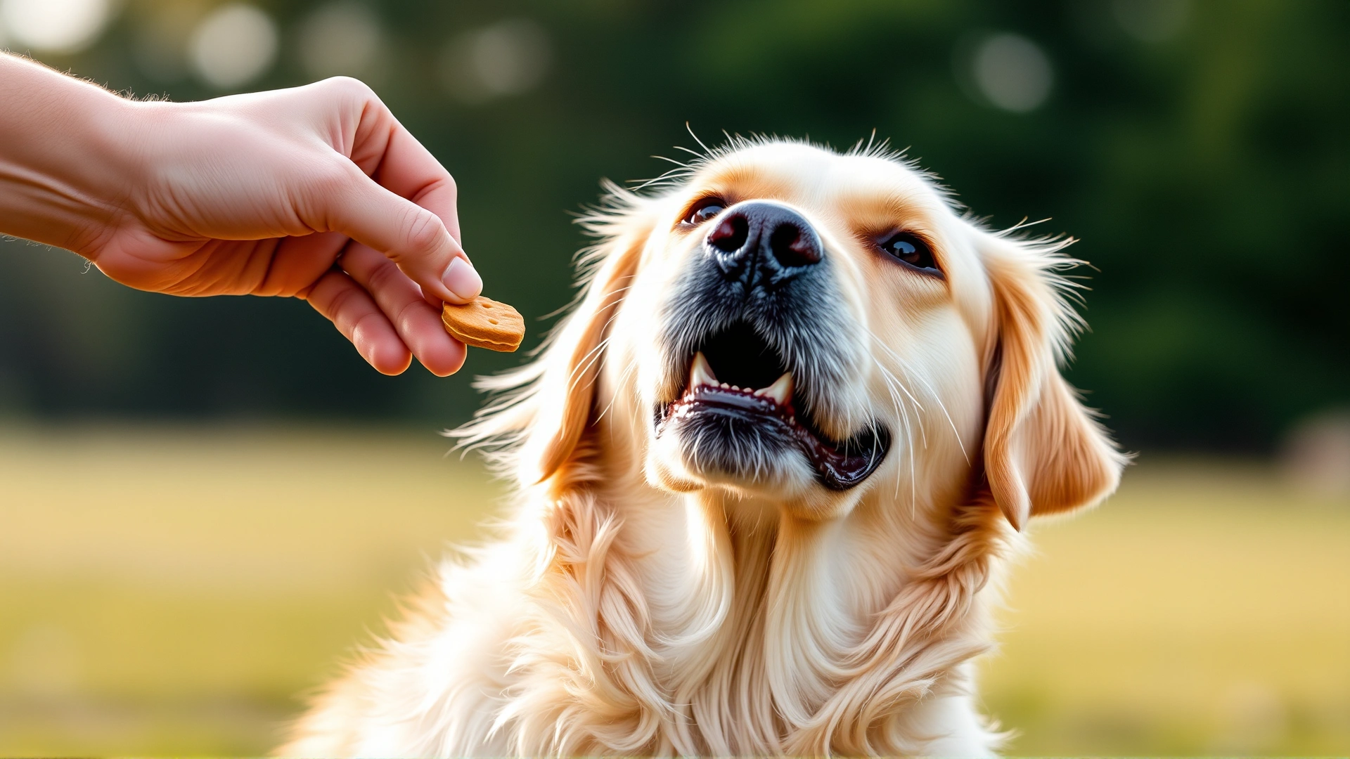 Close-up of a person giving a treat to a golden retriever that has just followed a command, with blurred background to emphasize connection.