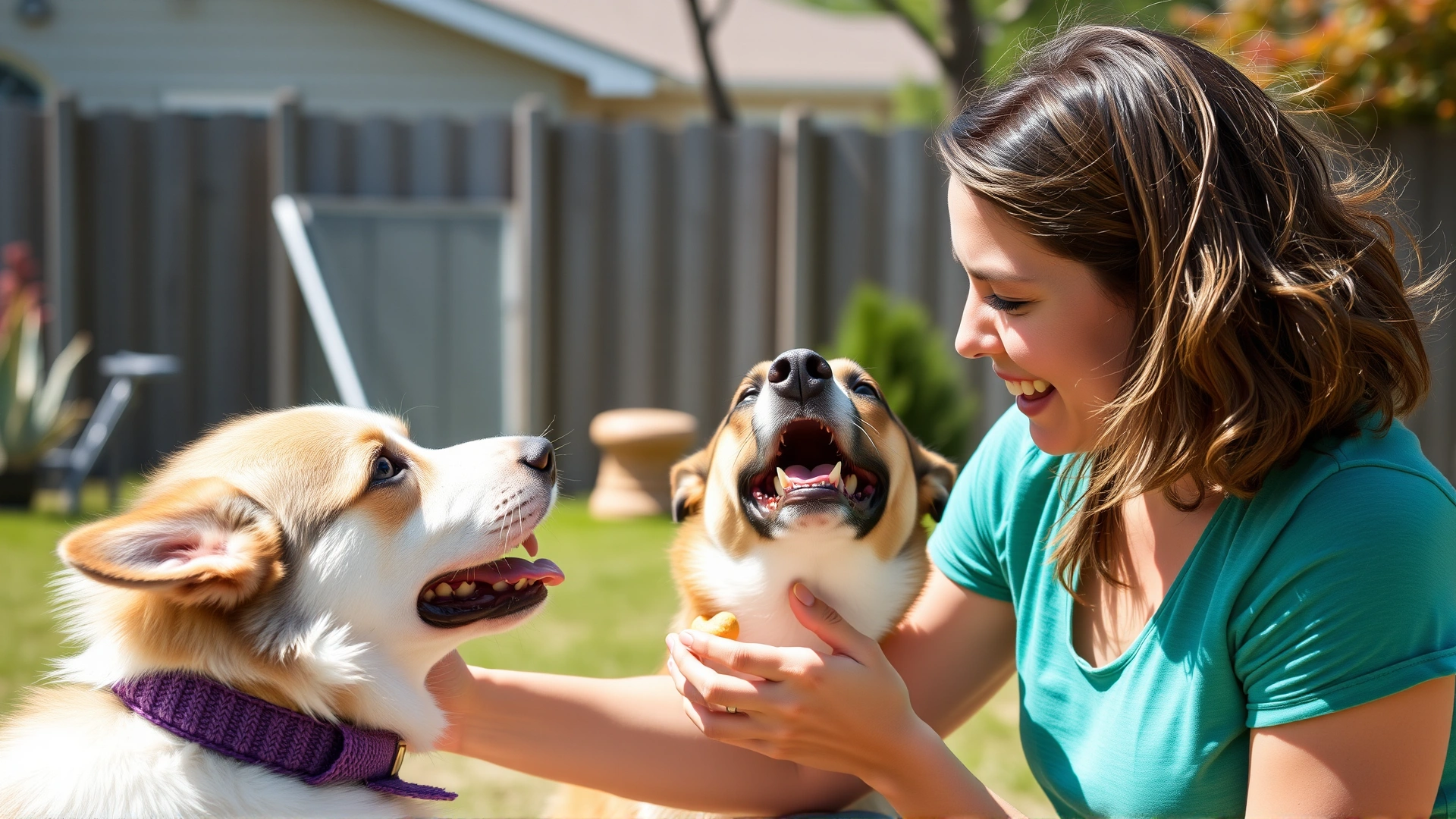 Young woman using positive reinforcement treats while training her newly neutered dog in a sunny backyard.