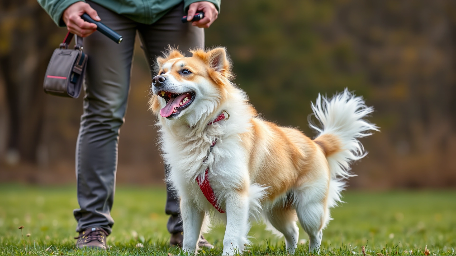 Owner and dog practicing a trick outdoors; the dog is mid-spin while the owner holds a clicker and treat pouch