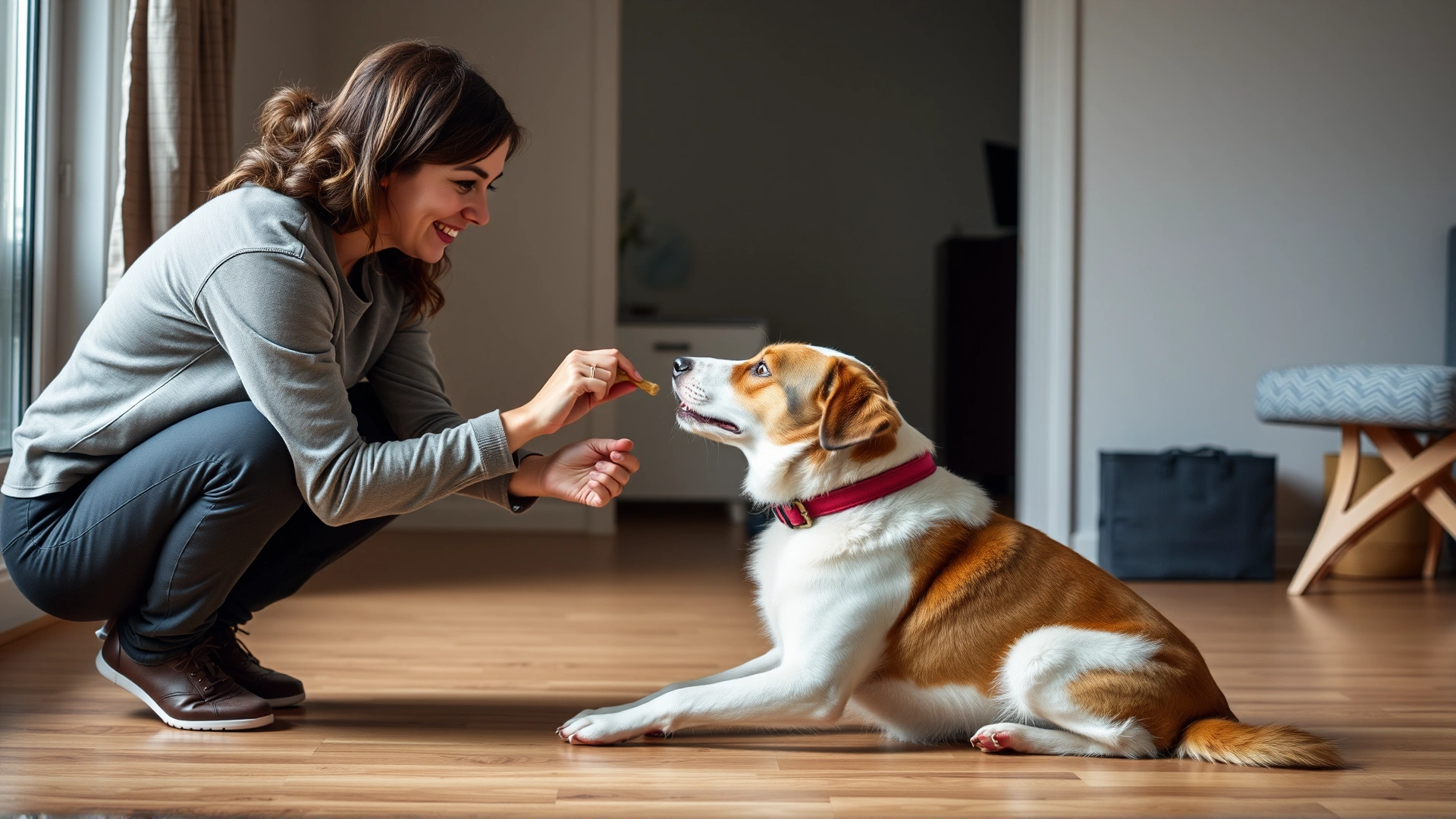 Owner crouching and offering a treat to a sitting dog indoors, depicting positive reinforcement training.
