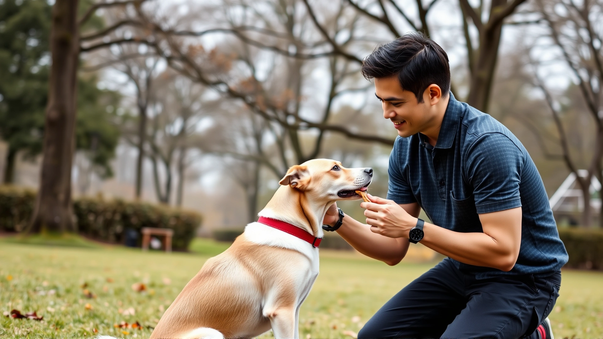 Owner kneeling in a park giving a calm canine the 