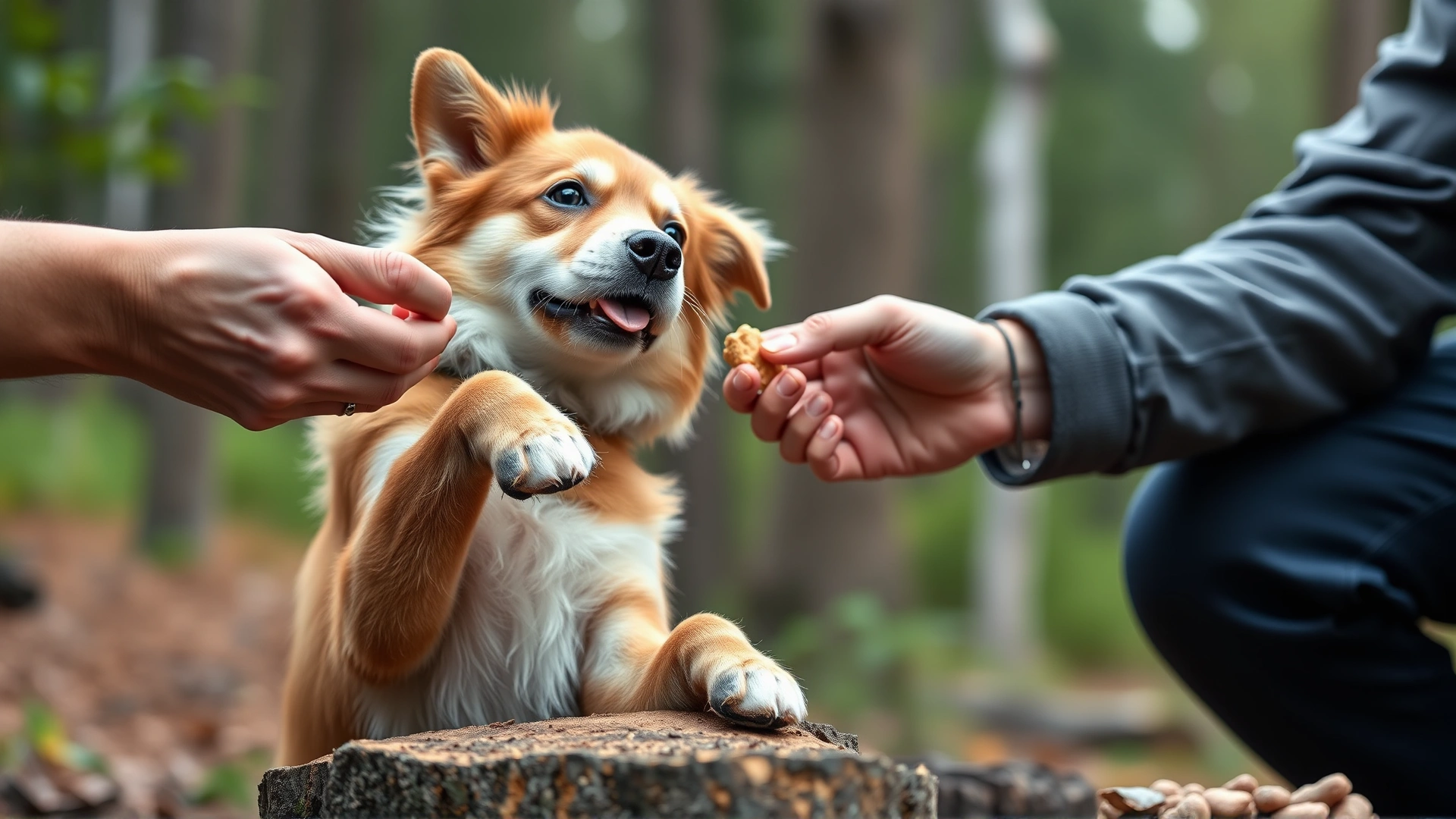 Close-up of an owner giving a treat to a dog that has placed its front paws on a tree stump; shallow depth of field with soft forest backdrop