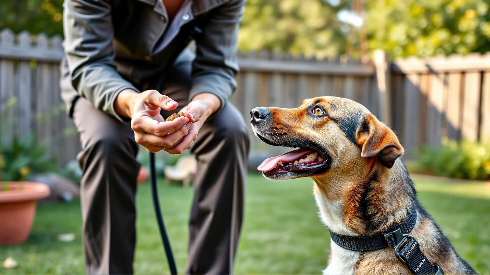 Professional dog trainer using positive reinforcement with a medium-sized dog, holding treats and clicker in a backyard