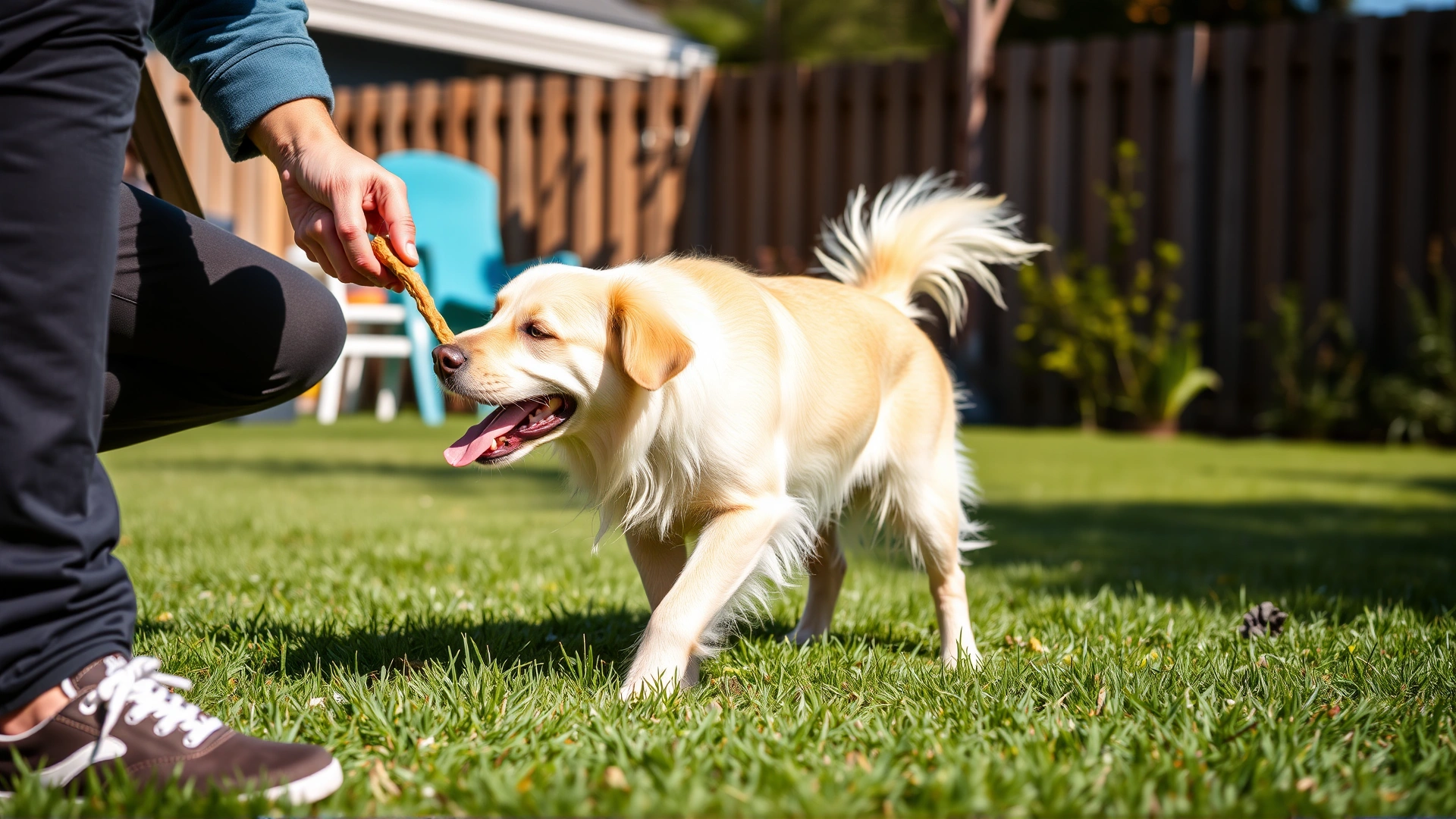 Happy owner rewarding their dog with a treat while the dog urinates on grass in a sunny backyard.