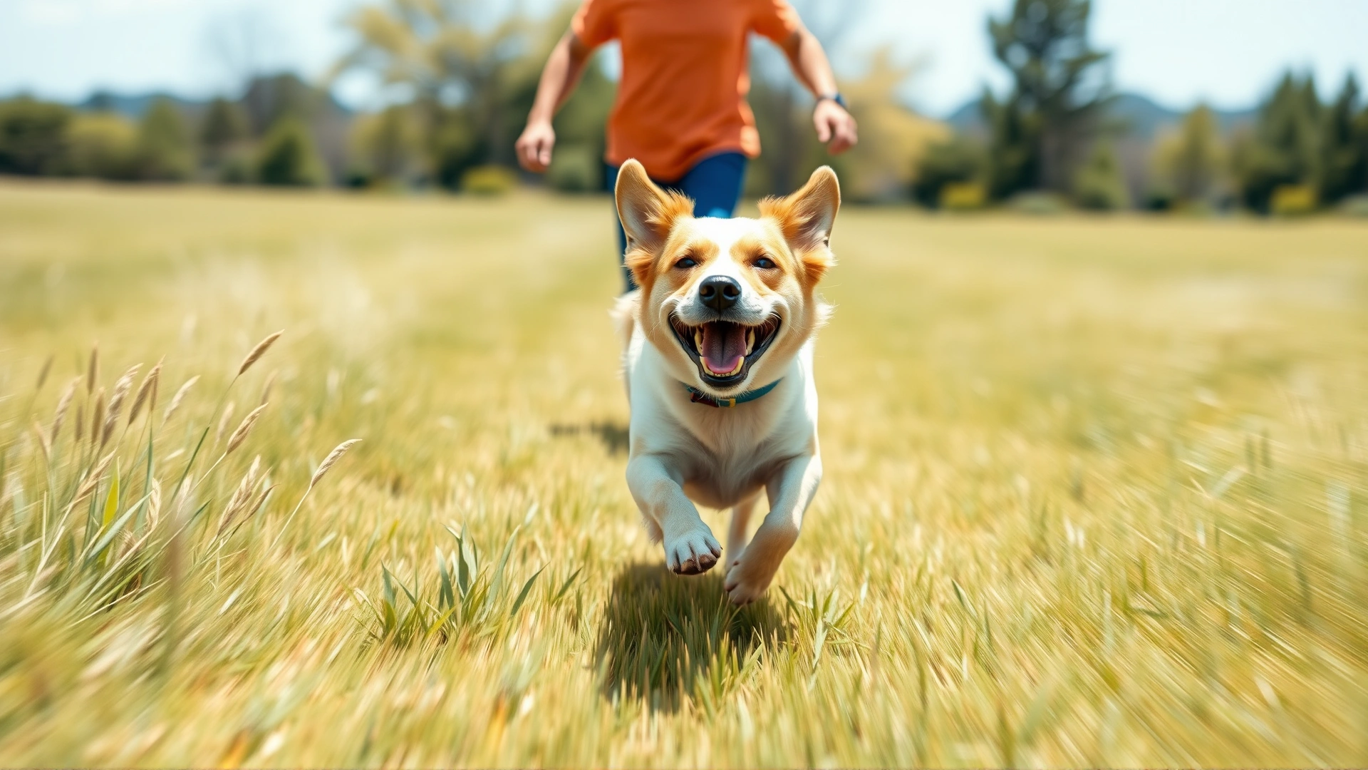 Wide-angle shot of a dog running joyfully toward its owner in an open grassy field, capturing motion blur and a bright sunny atmosphere.