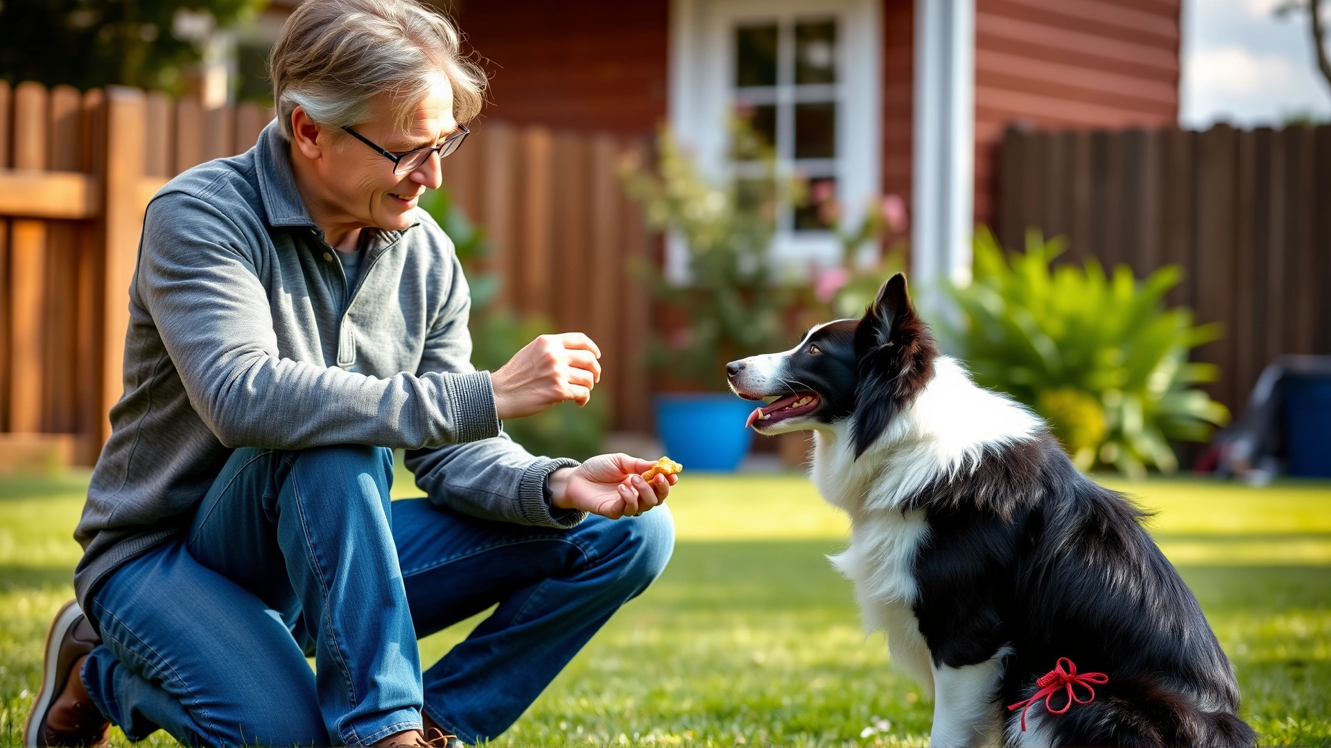 Owner kneeling in a backyard giving a ‘quiet’ hand signal to a sitting border collie, offering a treat as positive reinforcement. Bright daylight, shallow depth of field.
