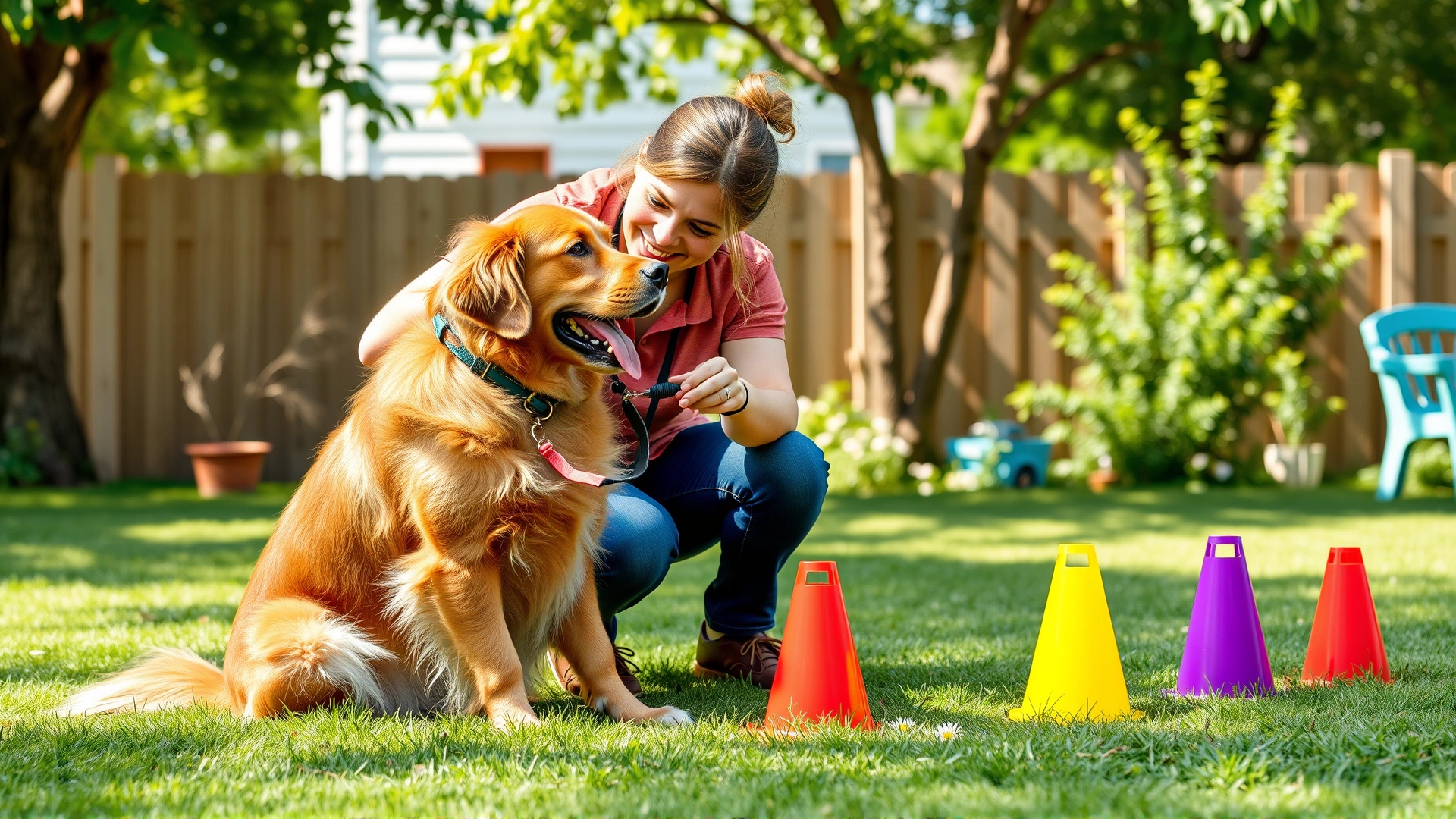 A dog trainer teaching a golden retriever to sit in a sunny backyard, colorful training cones visible, cheerful atmosphere.