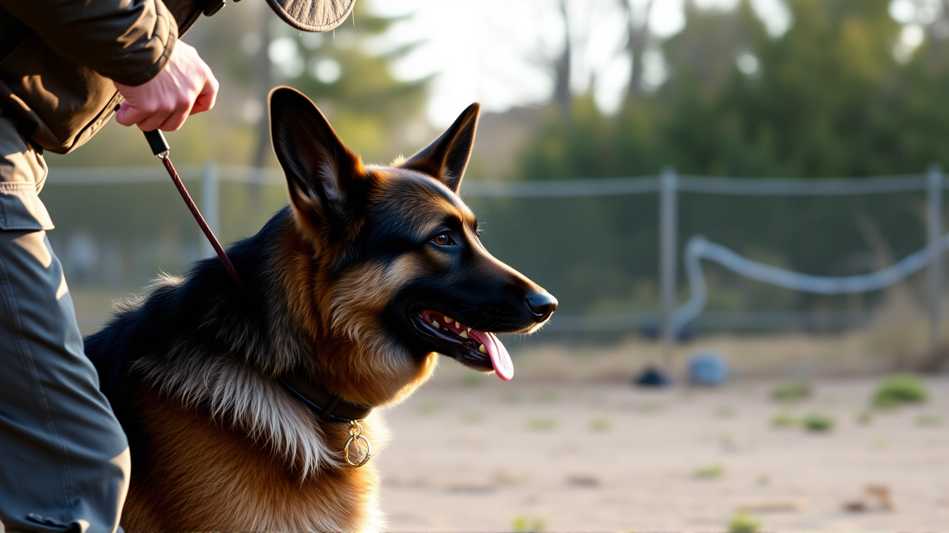 Trainer holding a treat and giving a command to a focused German Shepherd in an outdoor training ground, late afternoon lighting