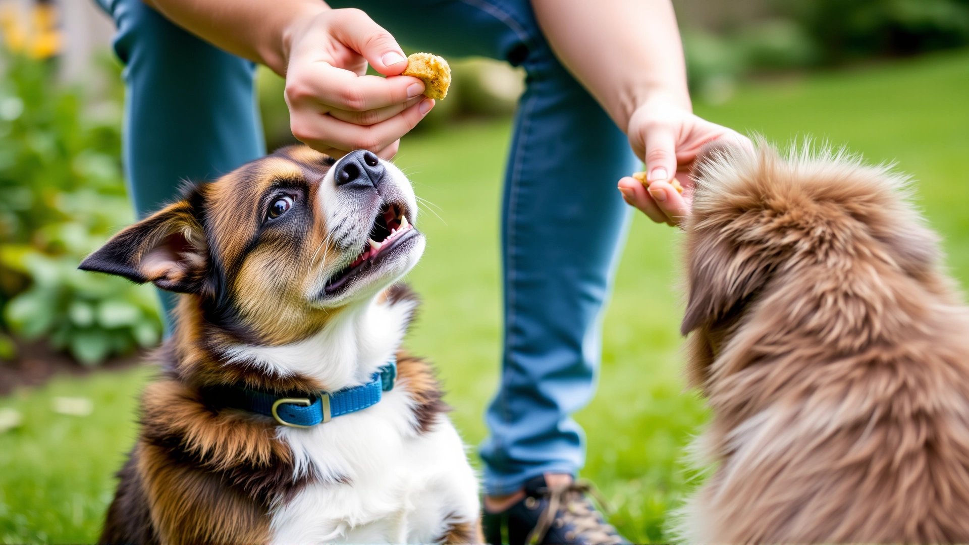 A friendly pet owner holding a treat while teaching a basic sit command to a young dog in a green backyard