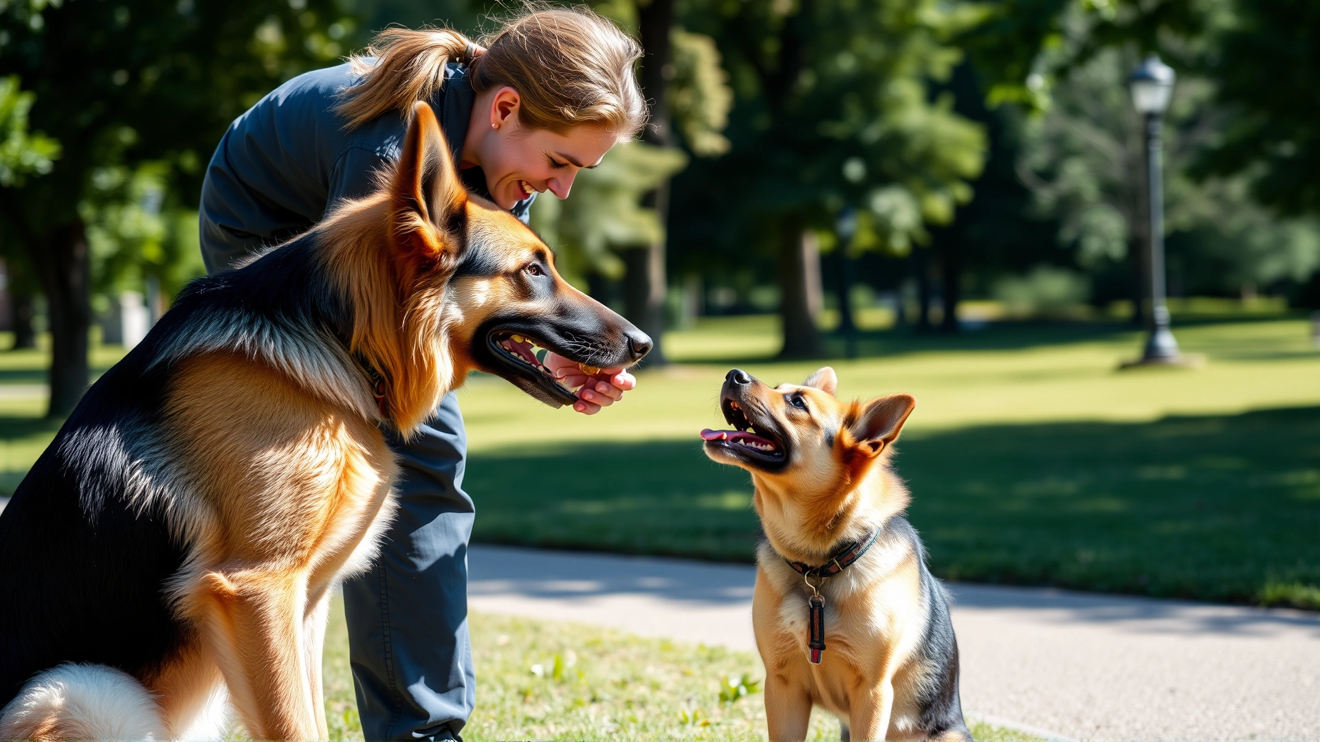 Professional dog trainer rewarding a German shepherd with a treat during a training session in a sunny park.