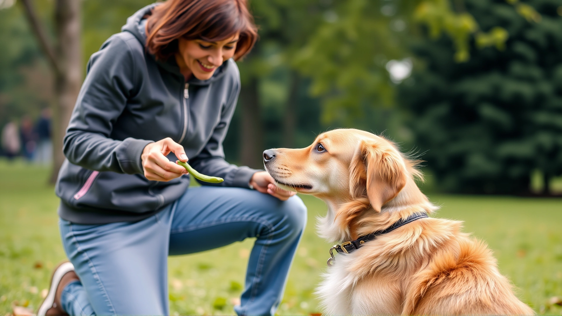 Owner kneeling in a park giving a single green bean as a treat to a well-behaved dog during a training session.