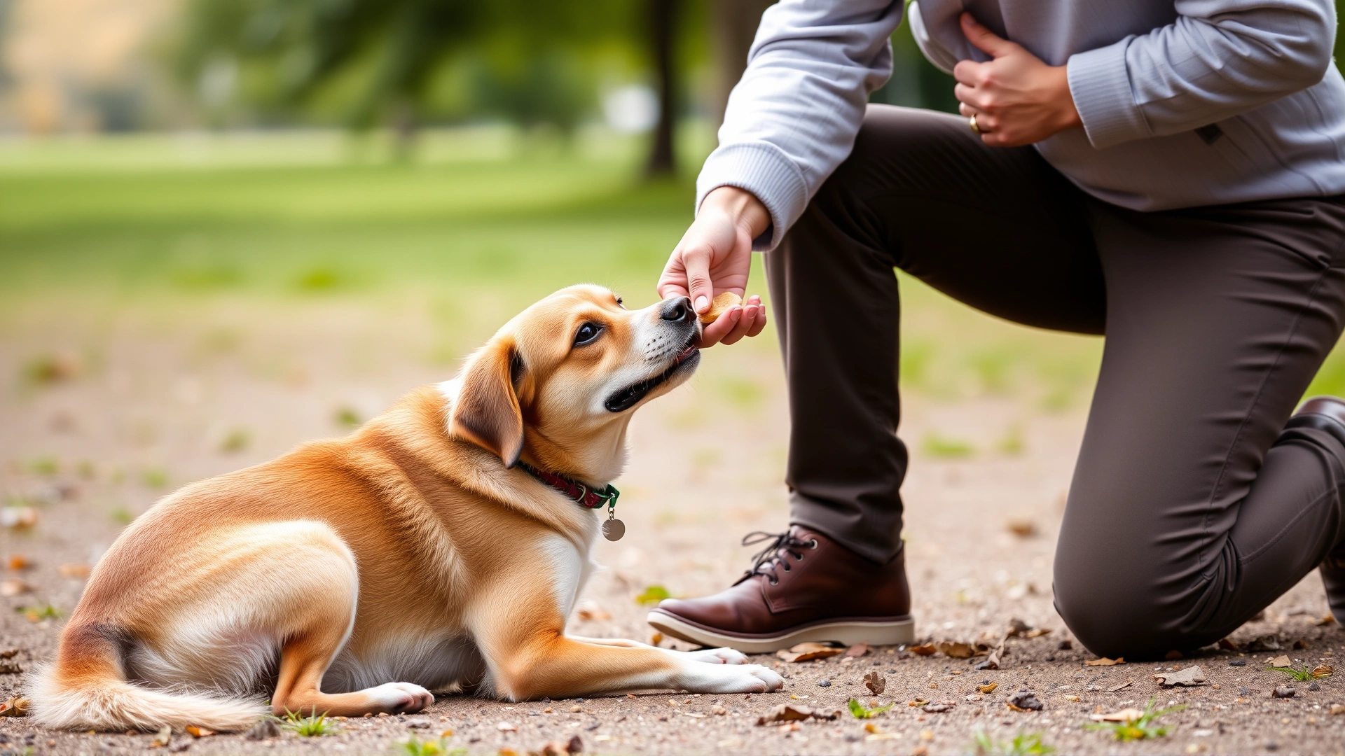 Dog owner kneeling in a park giving a small treat to a sitting dog during positive reinforcement training