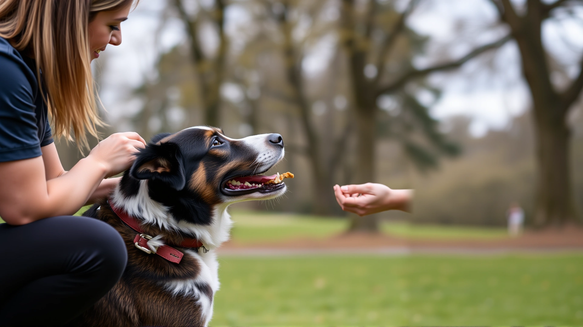 Professional dog trainer rewarding a dog with a treat while teaching 'leave it' command in a park.