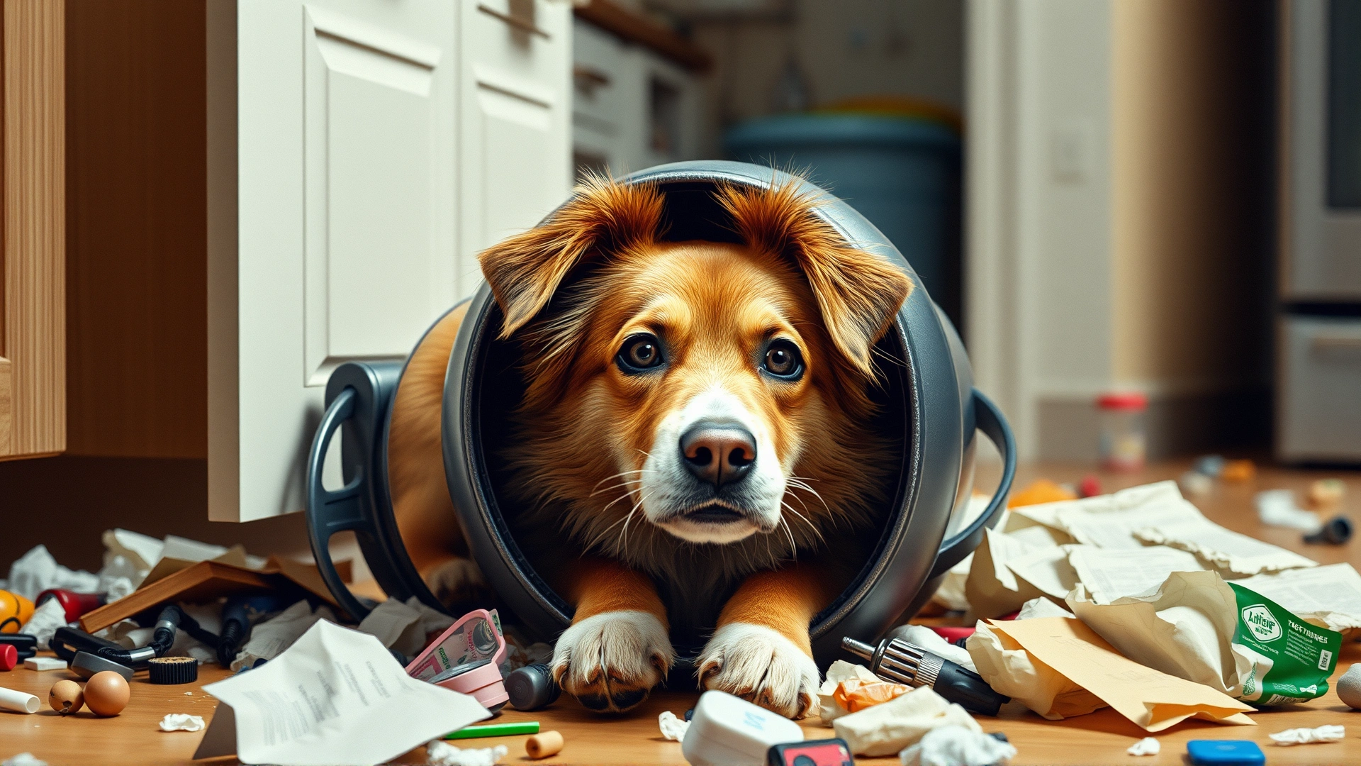 Mischievous dog with head inside an overturned kitchen trash can, scattered garbage around