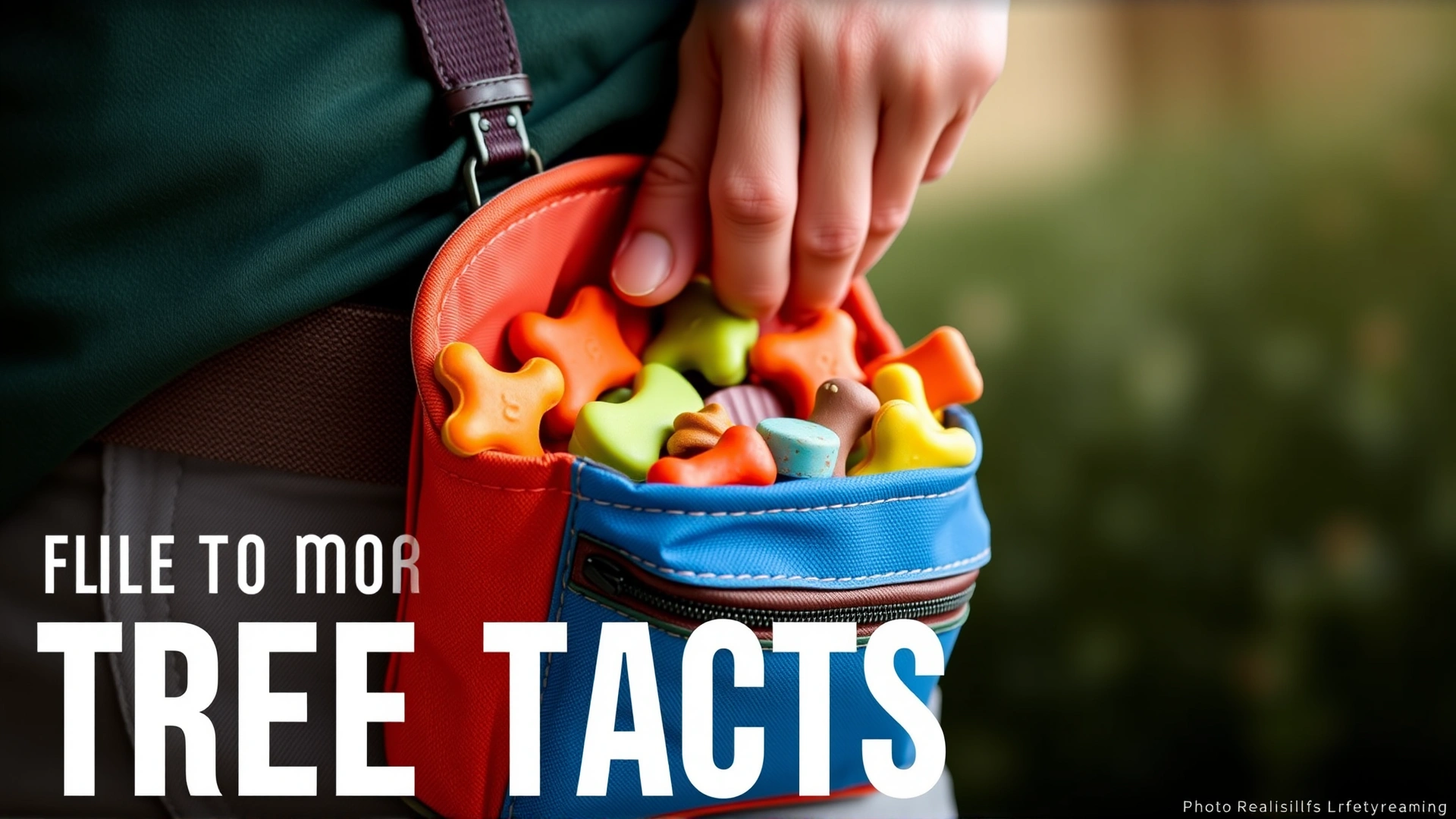 Lifestyle photo showing a waist-mounted treat pouch filled with colorful small dog treats, with a hand reaching in. Background slightly blurred to keep focus on the bag and treats.