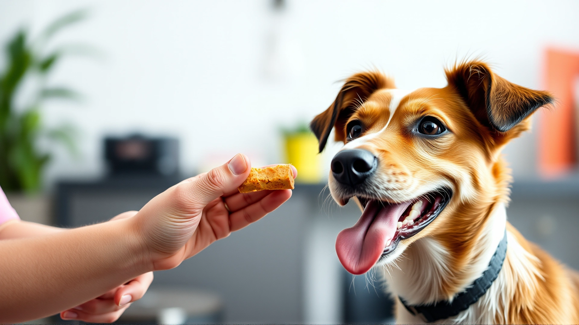 Happy dog receiving a small treat from owner's hand after grooming session, blurred background