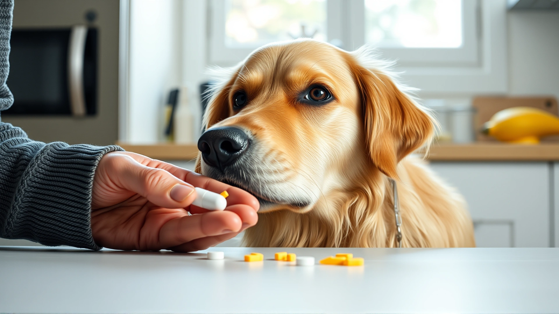 Person hiding a pill inside a small piece of cheese while a curious golden retriever watches attentively, kitchen setting, natural light