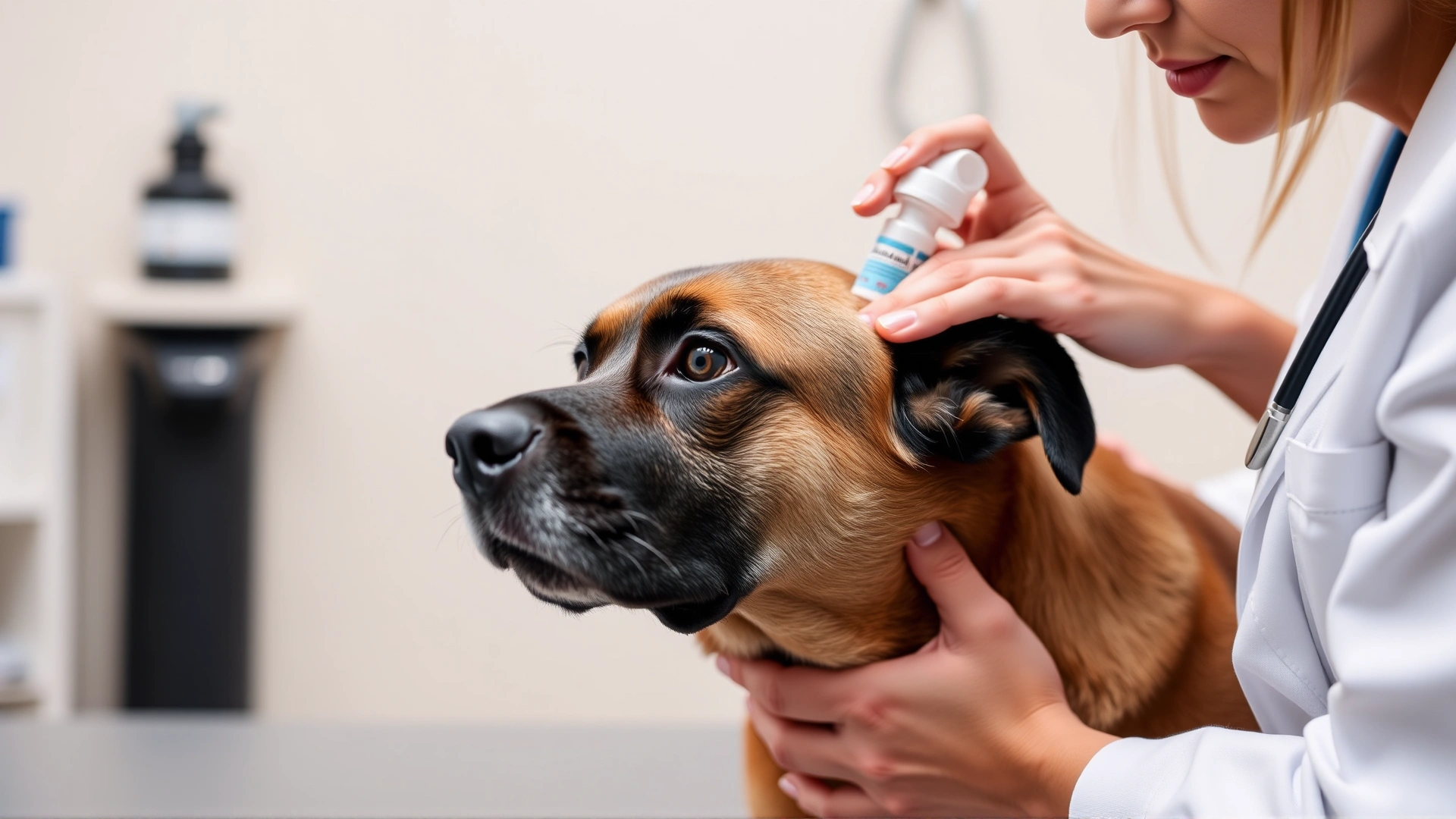 Veterinarian applying topical flea medicine to dog’s shoulder area on an examination table—emphasizes pet treatment importance.