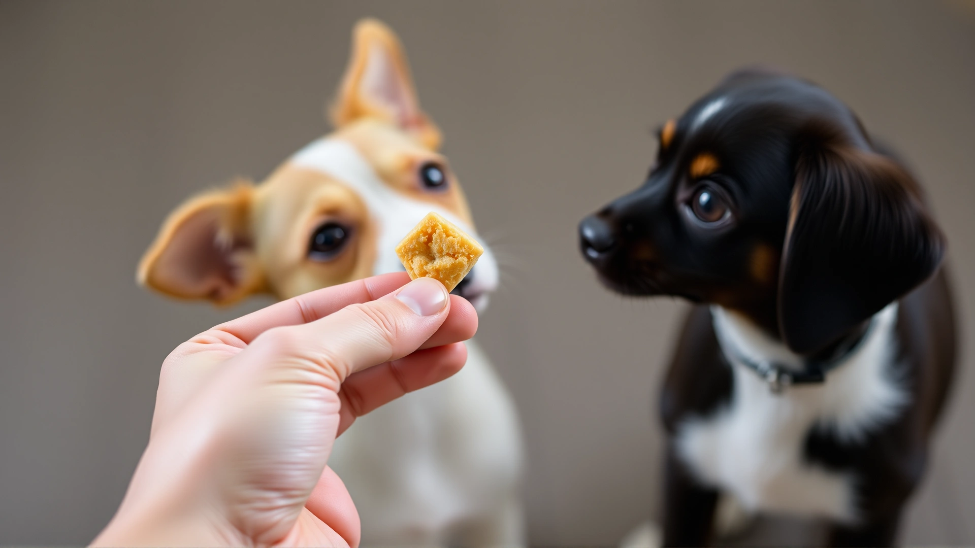 Close-up of a human hand offering a single low-calorie treat to a small dog sitting politely, representing mindful treat giving.
