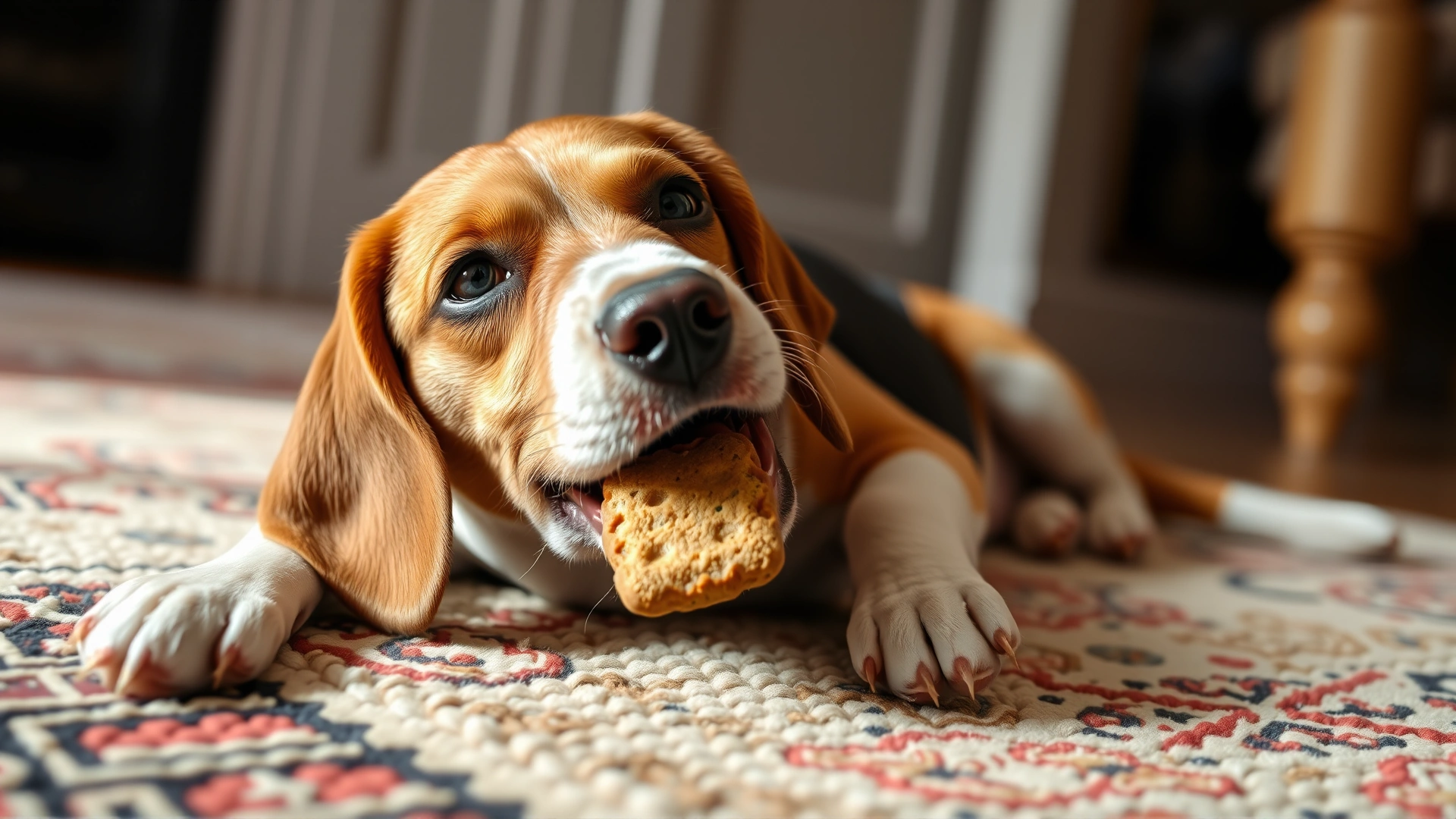 Happy beagle chewing on a homemade chickpea biscuit while lying on a cozy rug; natural indoor lighting.