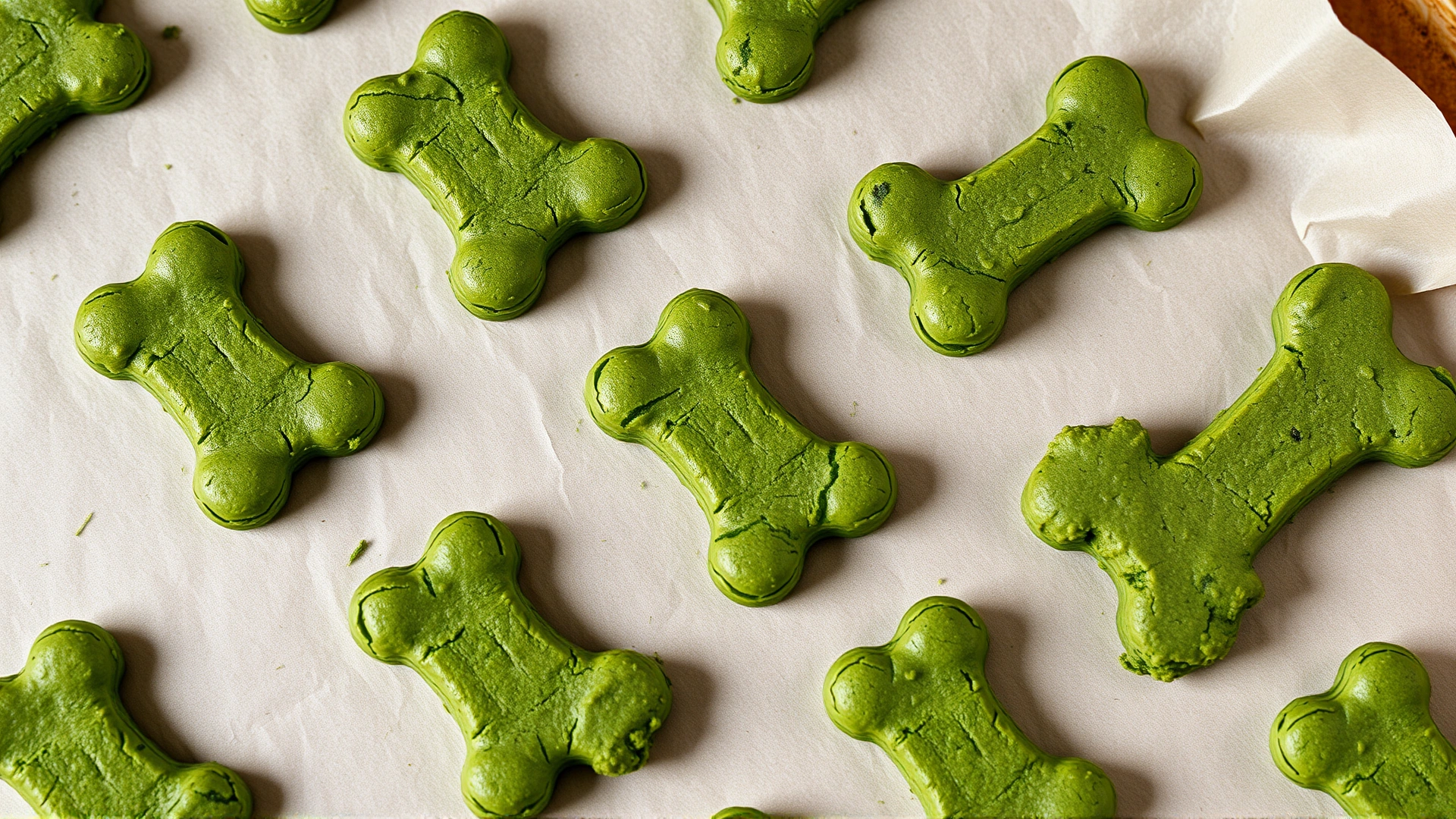 Homemade green dog treats shaped like small bones on a parchment-lined baking tray, made with kale, overhead shot, no text