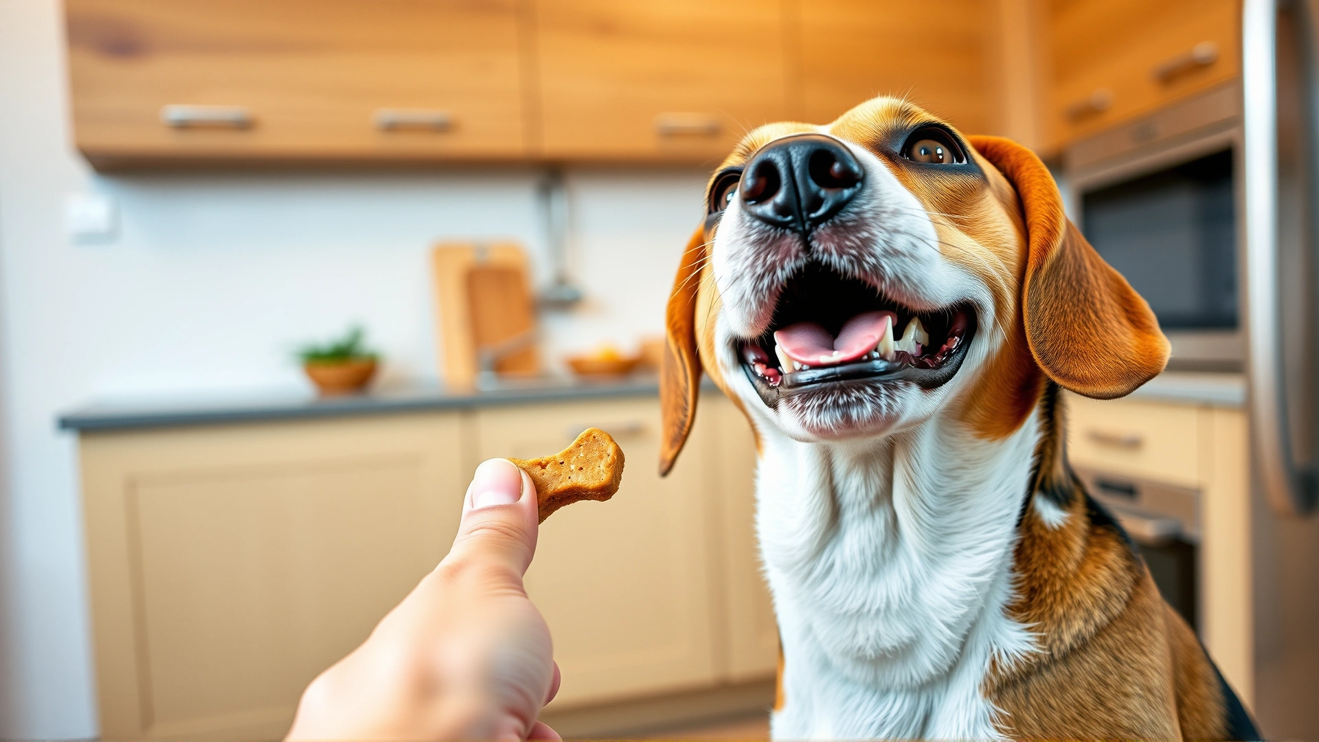 Close-up shot of an owner’s hand giving a CBD-infused dog treat to an excited beagle in a modern kitchen
