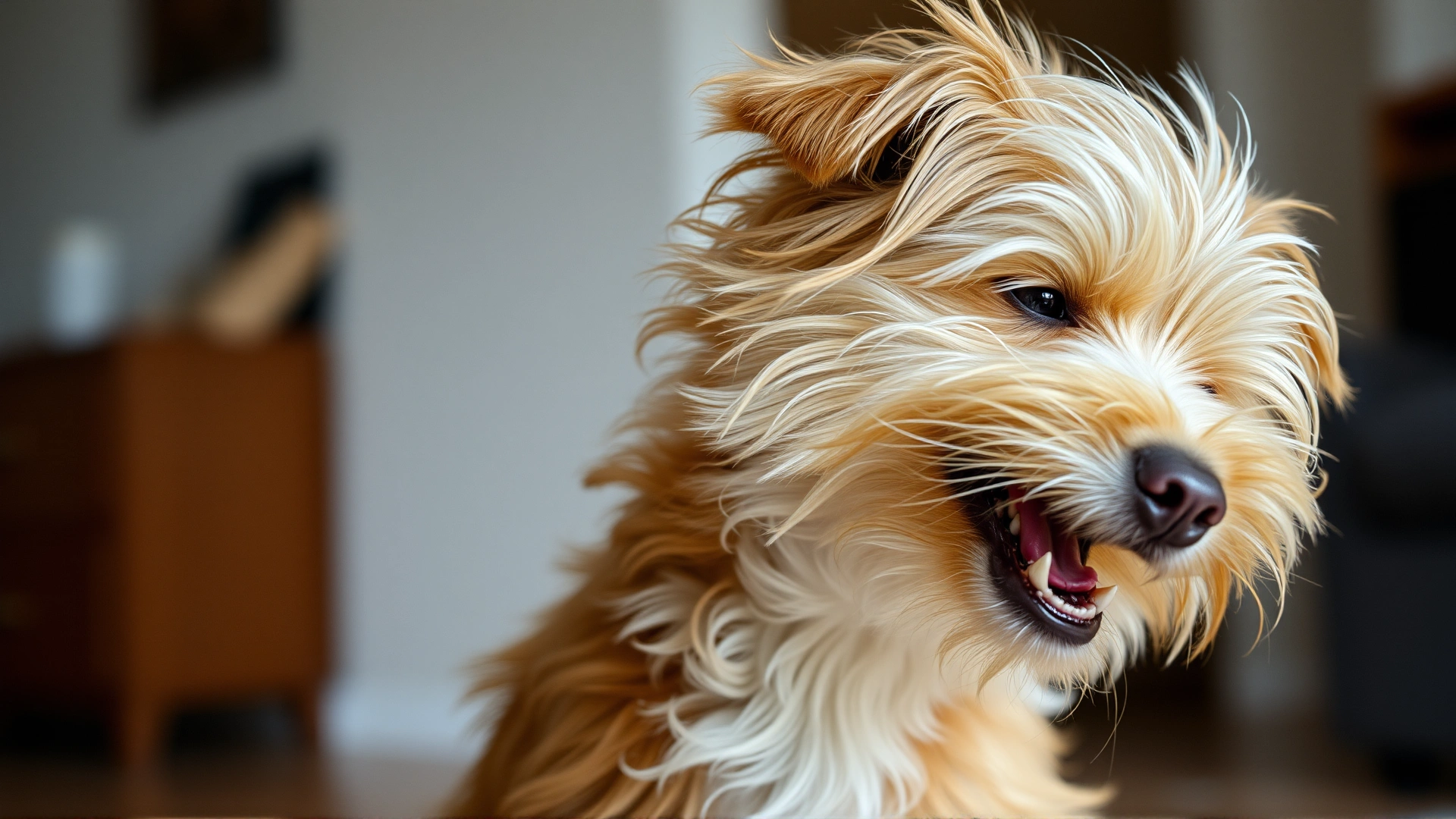A short-haired dog experiencing tremors or shaking, slight motion blur to indicate movement, indoor setting.