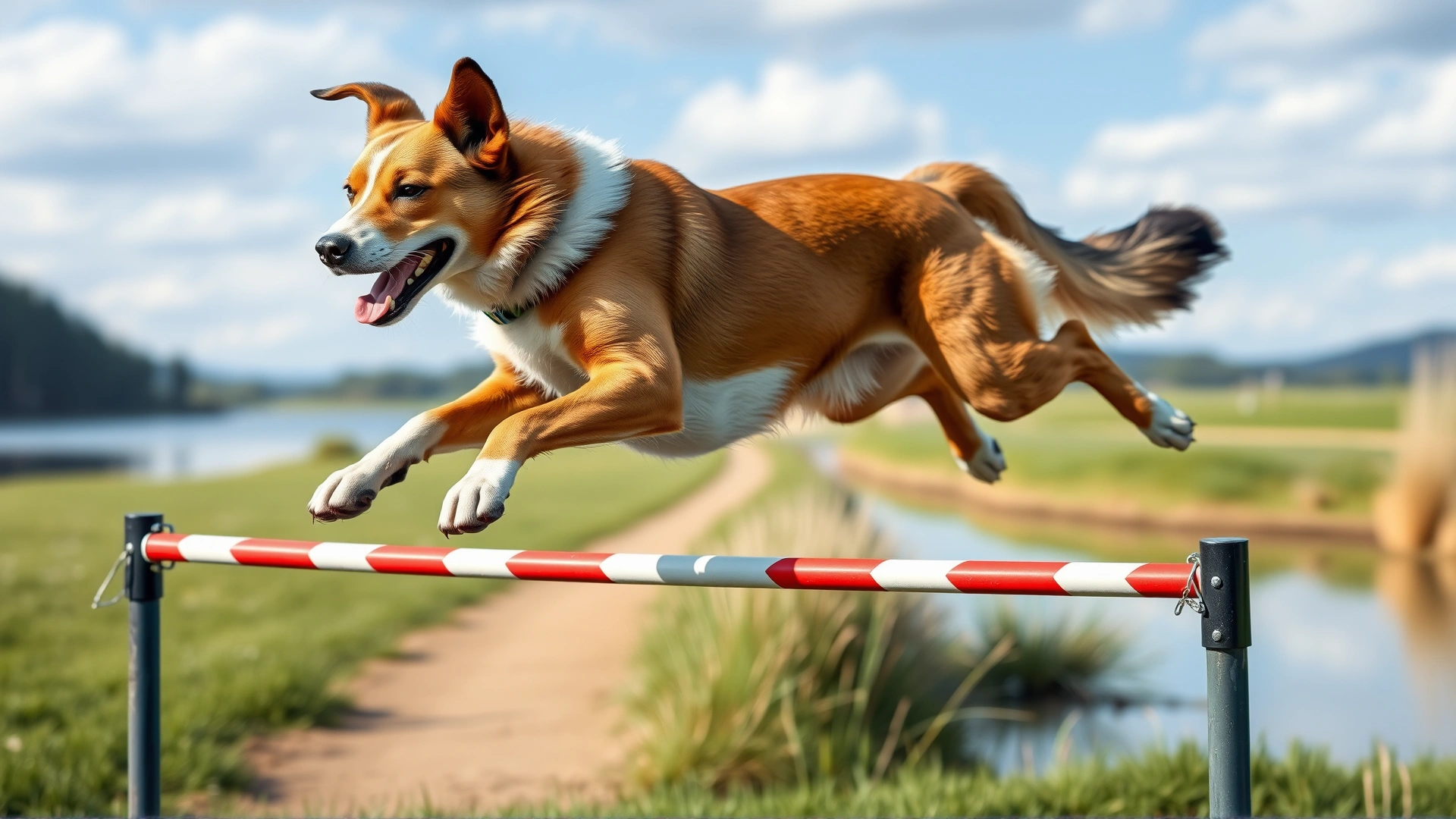 Athletic dog leaping over a hurdle near a lake as part of a canine triathlon course, determined expression