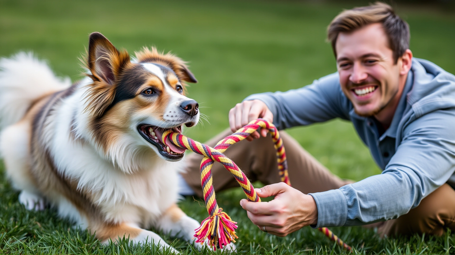 Owner and dog smiling while playing tug-of-war with a colorful rope toy on grass.