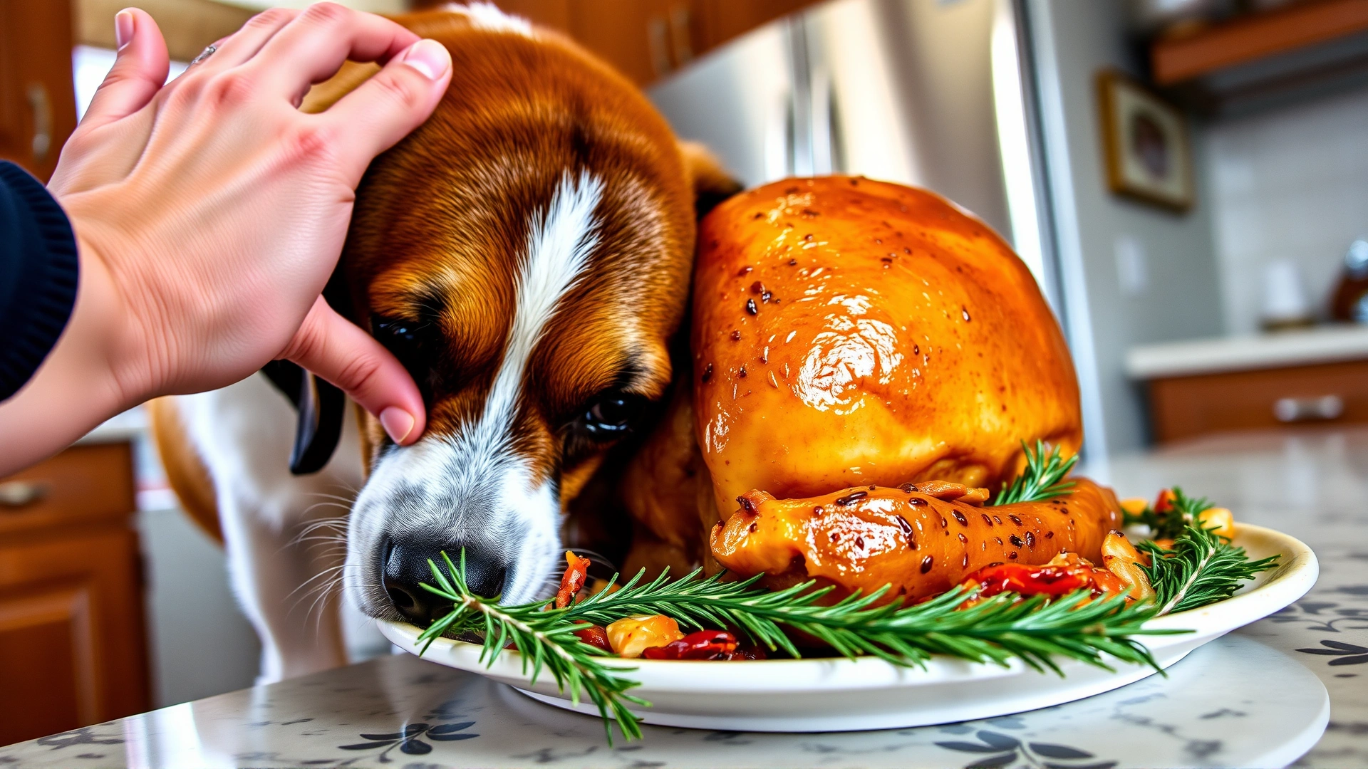 Close-up of a curious dog sniffing a Thanksgiving turkey on the kitchen counter, with a human hand gently stopping the dog.