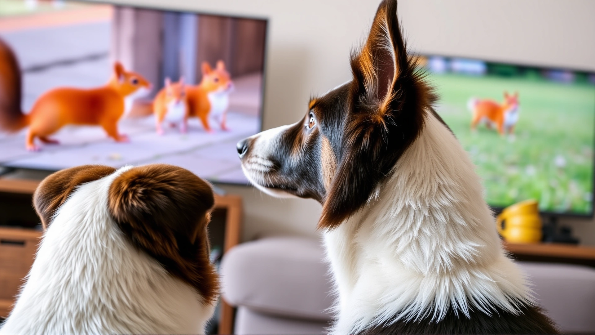 Side view of an alert border collie staring at a TV screen showing running squirrels; natural indoor lighting emphasizes the dog's focused expression.