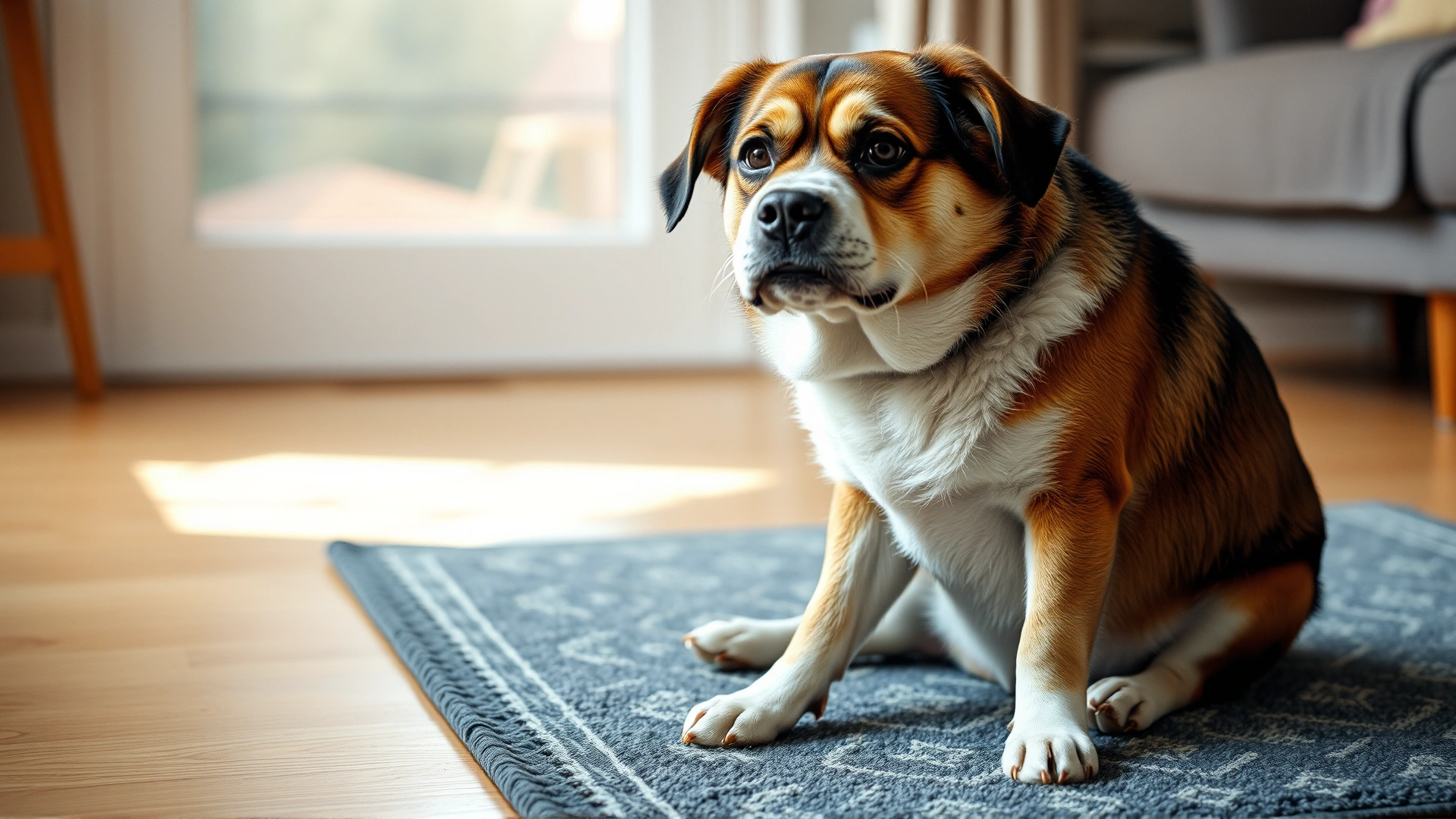 Medium shot of a dog sitting indoors on a rug with a worried expression, implying stomach discomfort, soft natural lighting