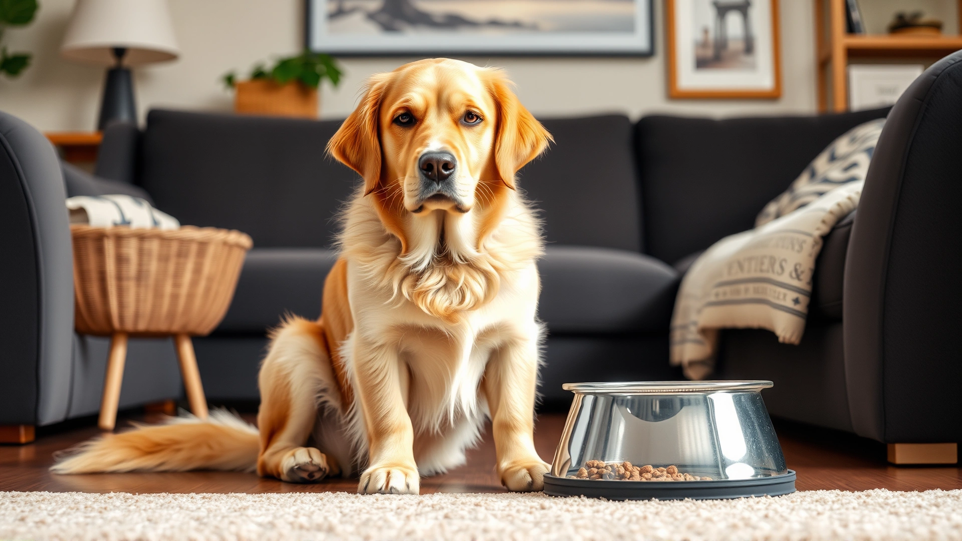 A golden retriever sitting with a slightly uncomfortable expression next to a half-empty food bowl in a cozy living room.